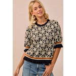 Bibi Clothing Bibi Textured Rose Knit Top Puff Sleeve Black