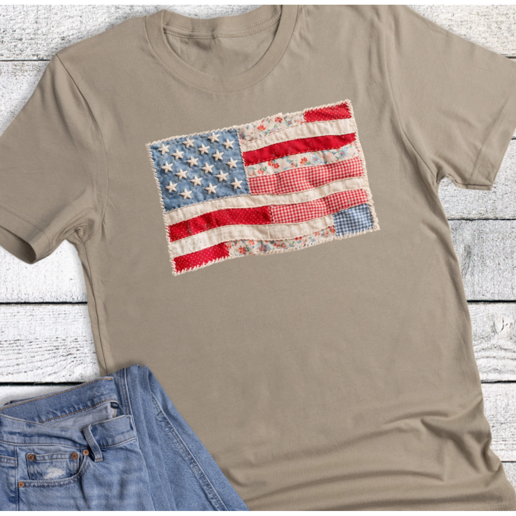 Rebel Rose Rebel Rose July 4th Retro Faux Quilted American Flag Tee Tan