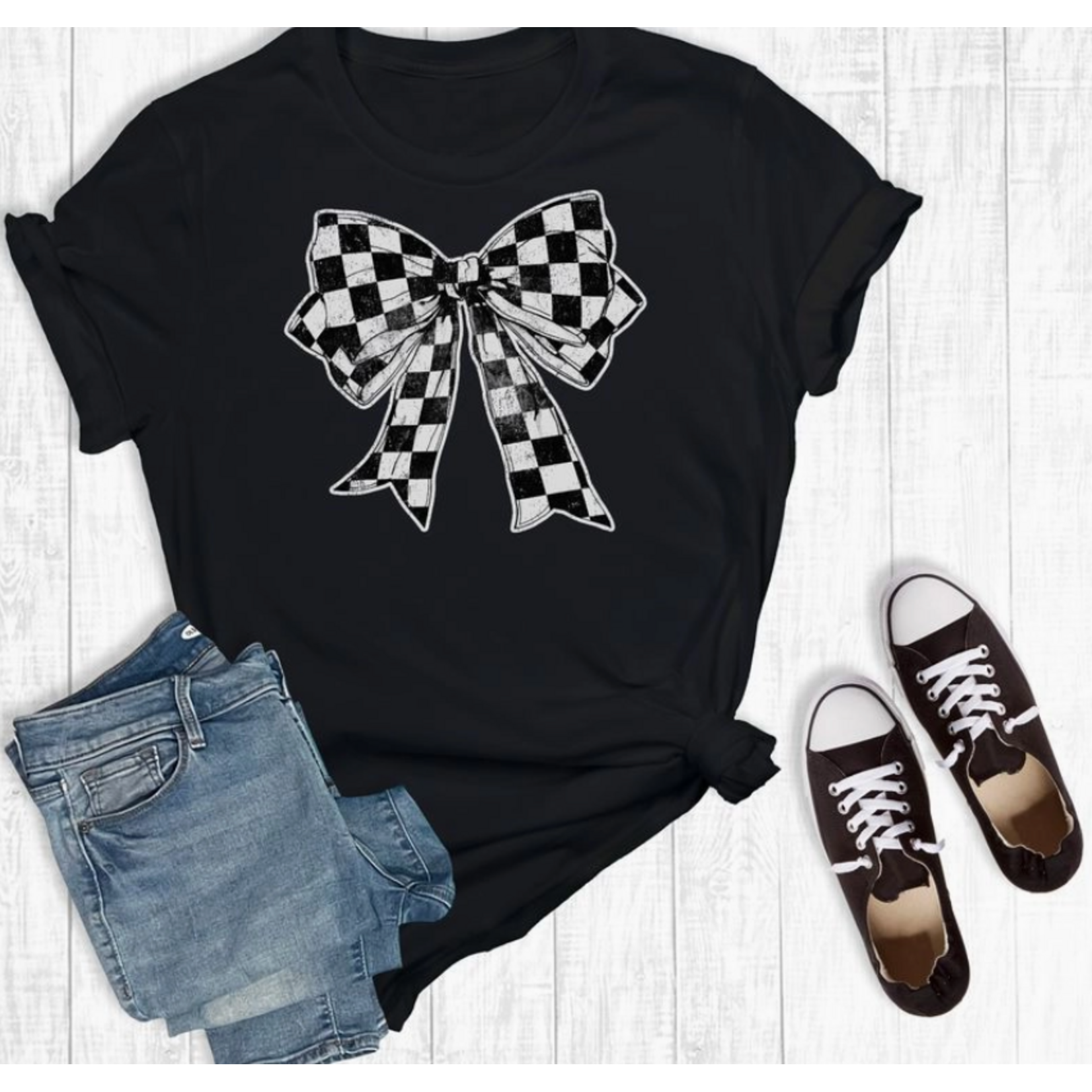 Rebel Rose Rebel Rose Checkered Coquette Bow Graphic Tee Black