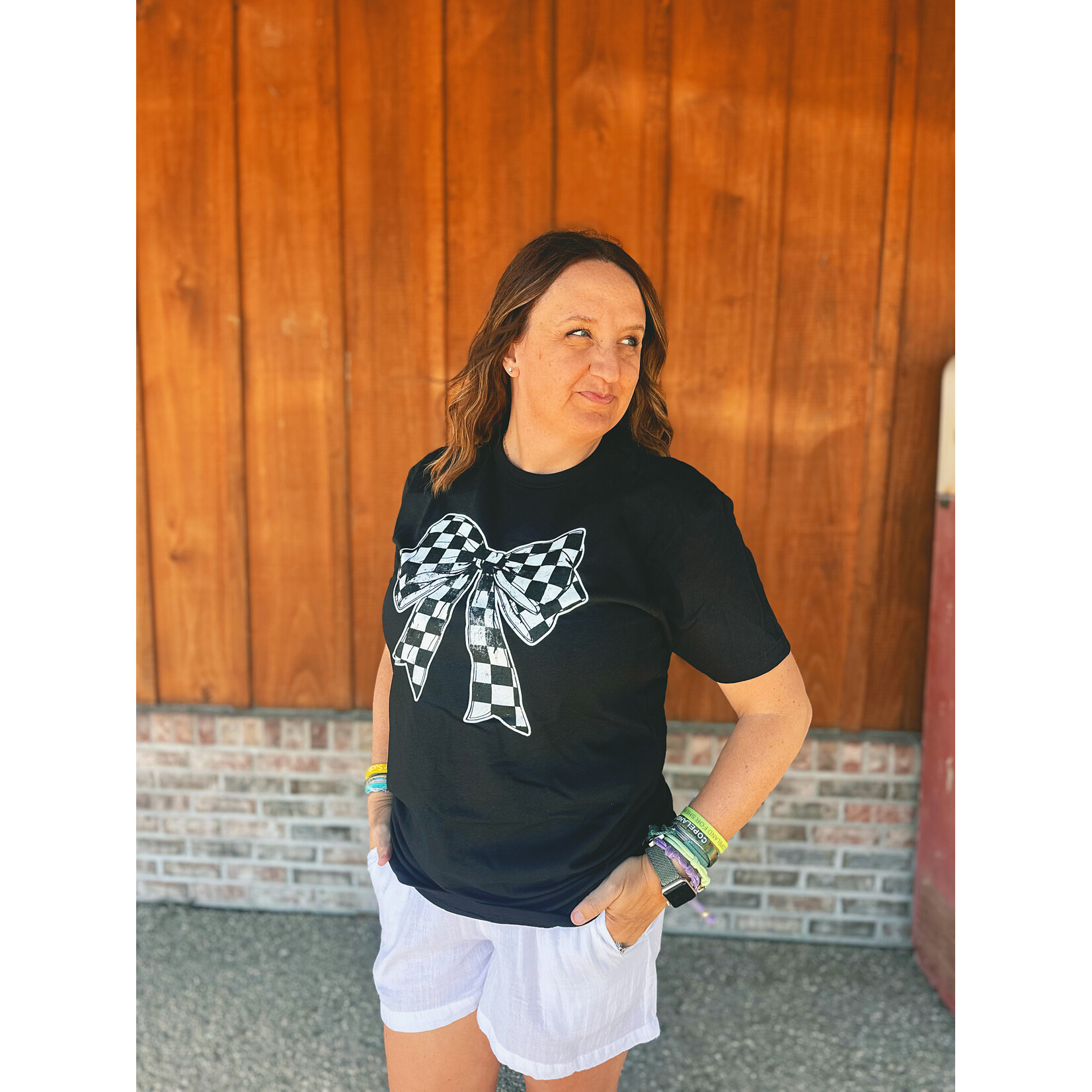 Rebel Rose Rebel Rose Checkered Coquette Bow Graphic Tee Black