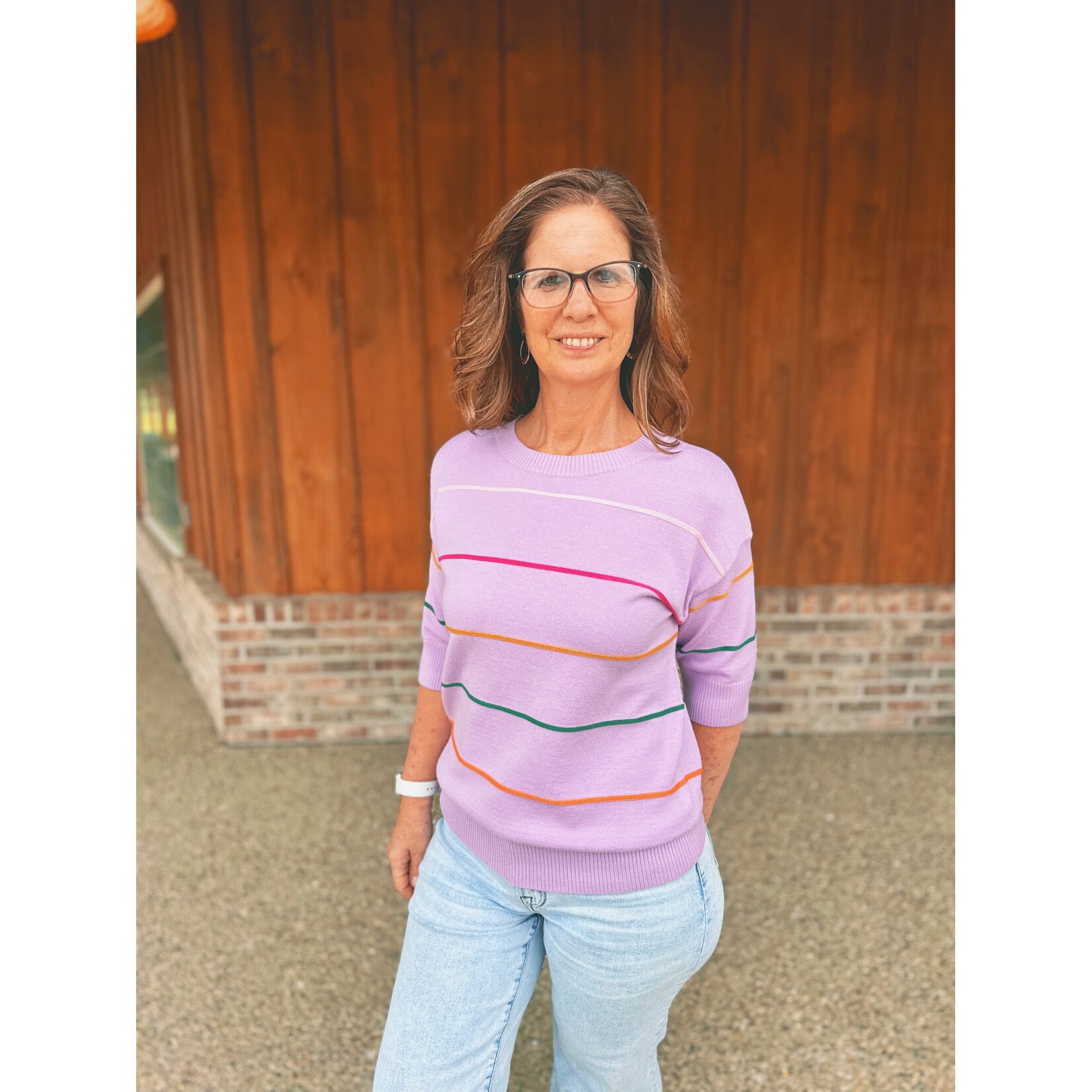66 Disco 66 Disco Colorblock Striped Half Sleeve Sweater Orchid Petal