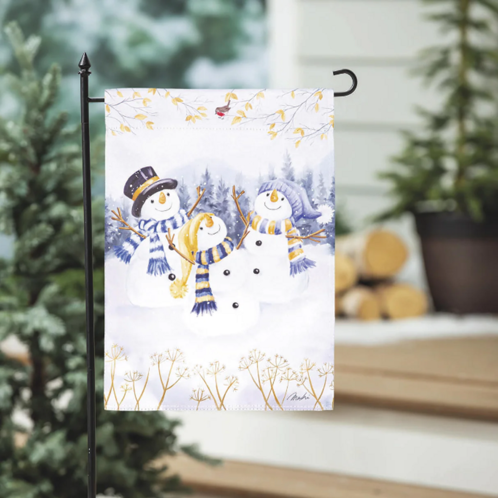 Evergreen Happy Snowman Trio Garden Flag