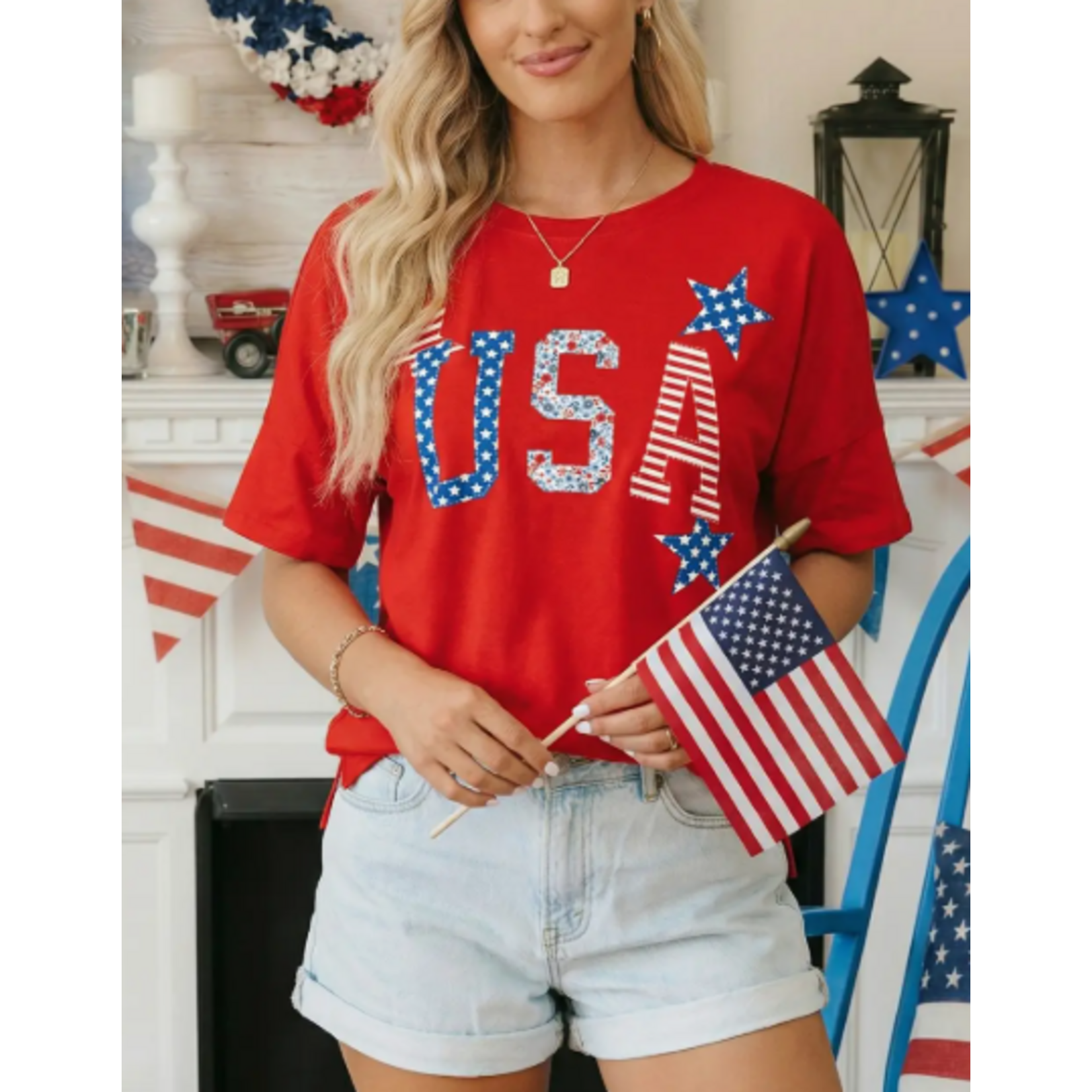 66 Disco 66 Disco USA Patriotic Star Patched Oversized Tee Red