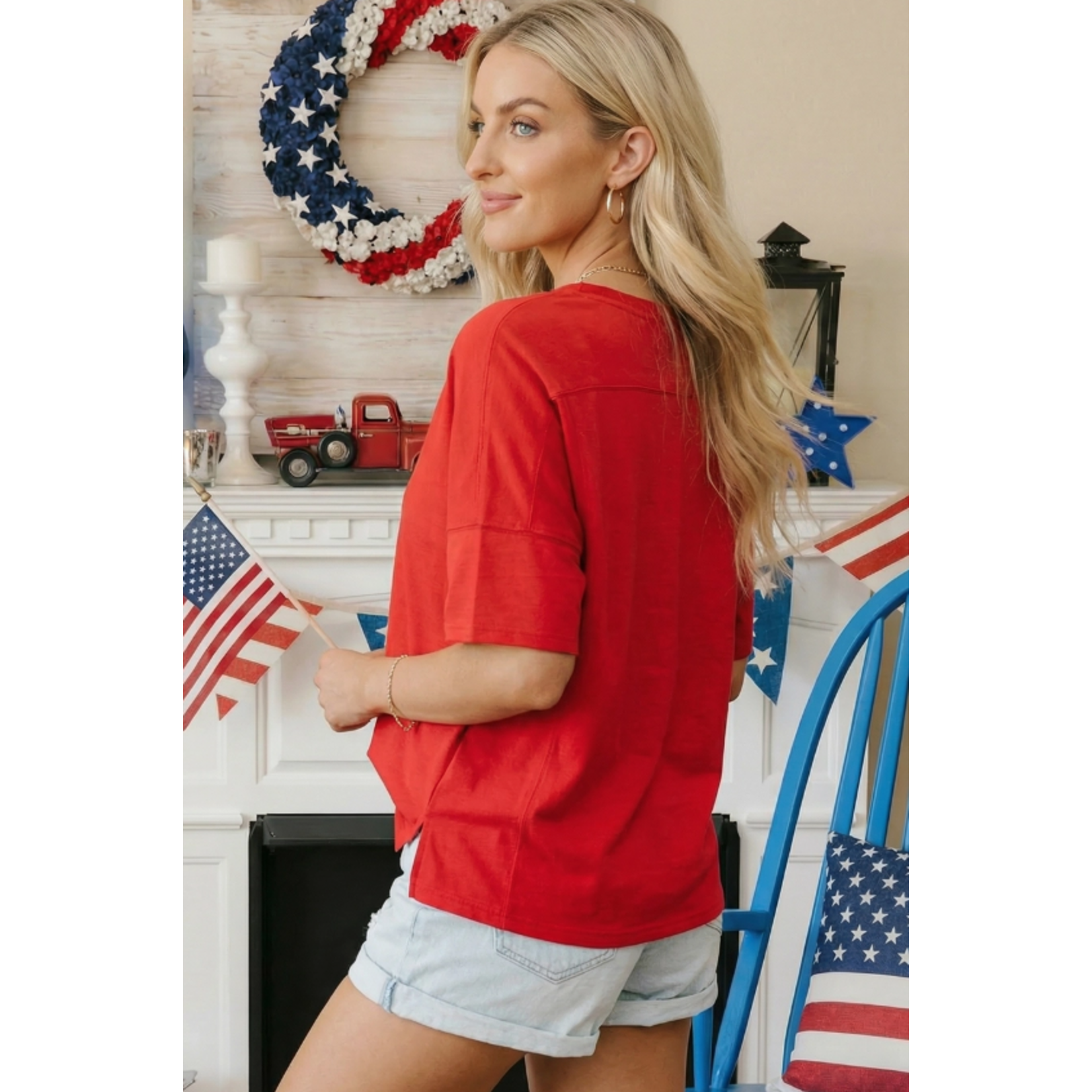 66 Disco 66 Disco USA Patriotic Star Patched Oversized Tee Red
