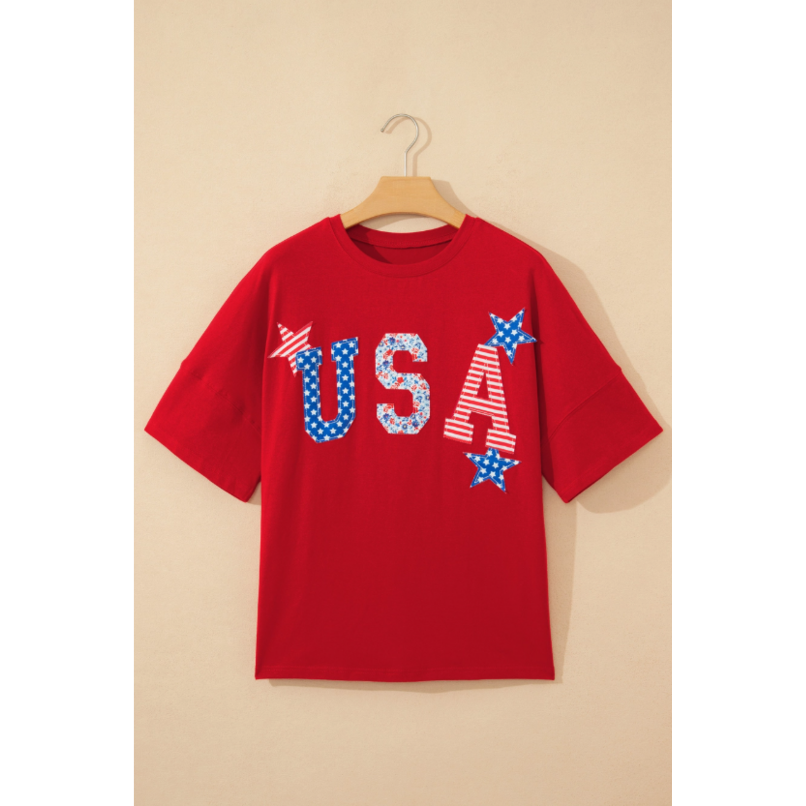 66 Disco 66 Disco USA Patriotic Star Patched Oversized Tee Red