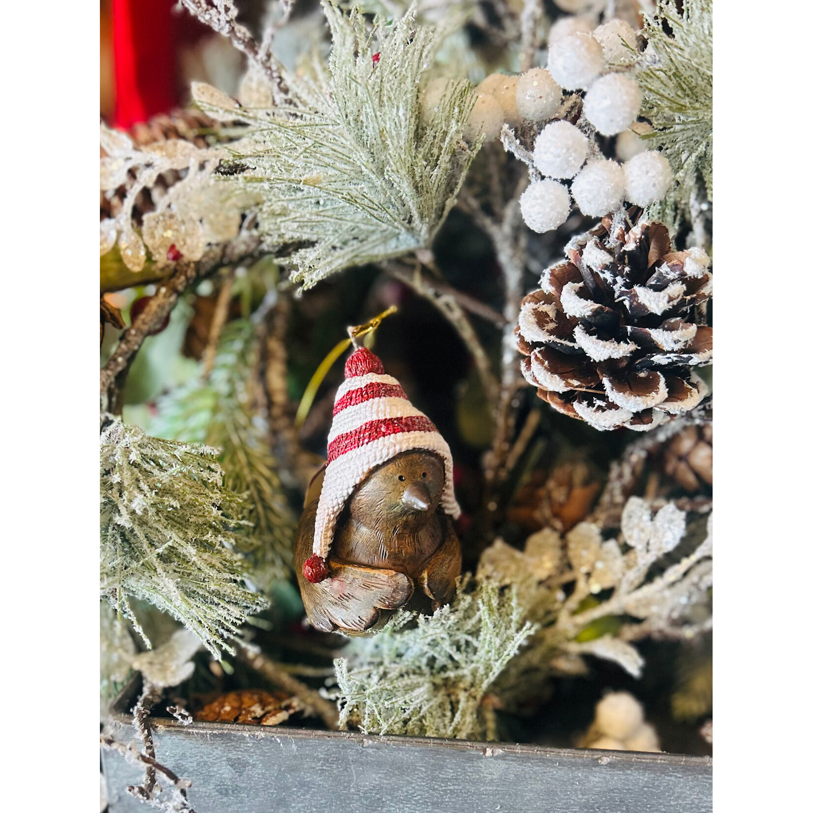 AGP Wooden Bird with Striped Hat Ornament