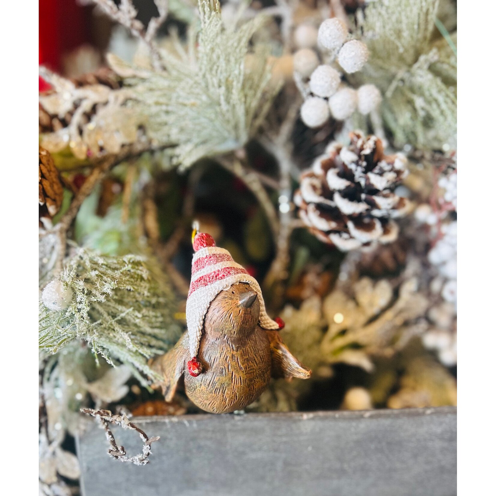 AGP Wooden Bird with Striped Hat Ornament