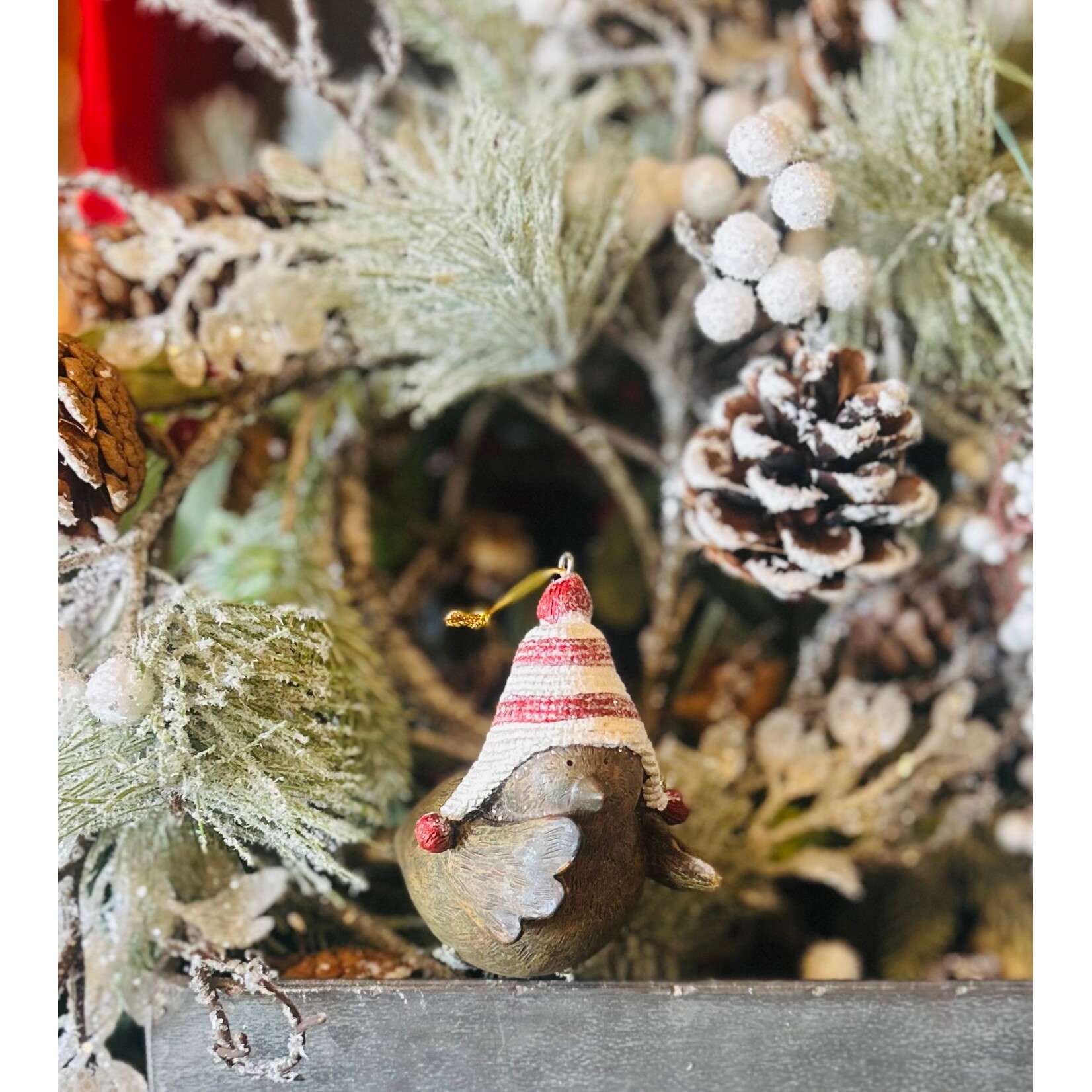 AGP Wooden Bird with Striped Hat Ornament