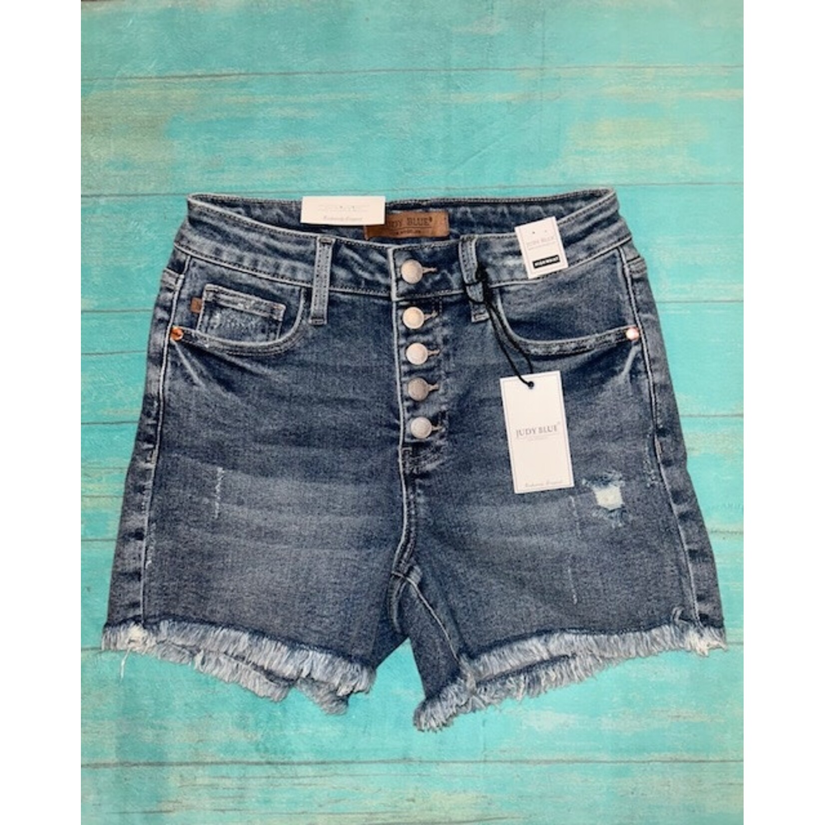 Judy Blue Judy Blue HW Button Fly Destroy Hi-Lo Cut Hem Shorts 150206 Size XL