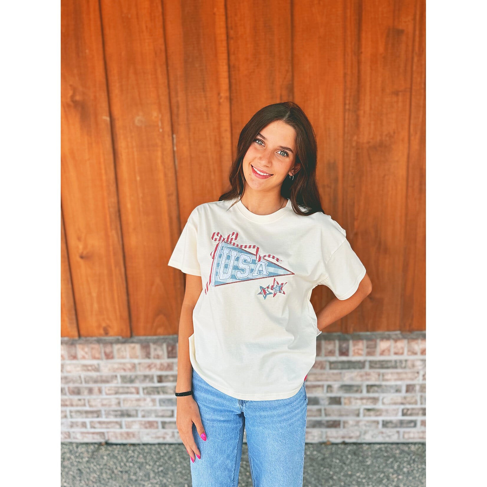 Simply Southern Simply Southern USA Applique Tee Beige