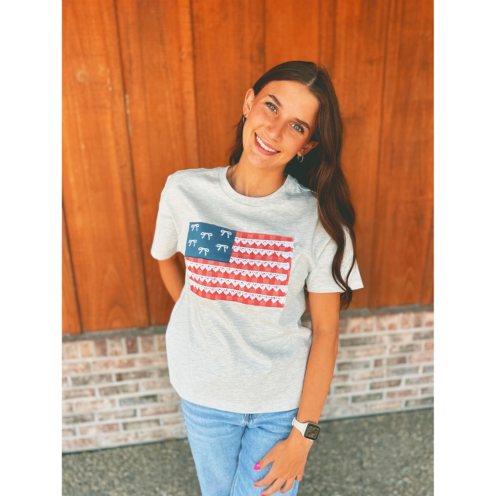Simply Southern Simply Southern Flag Applique Tee Light Heather