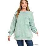 Zenana Zenana Halo Washed French Terry Exposed Seam Sweatshirt  Dk Green