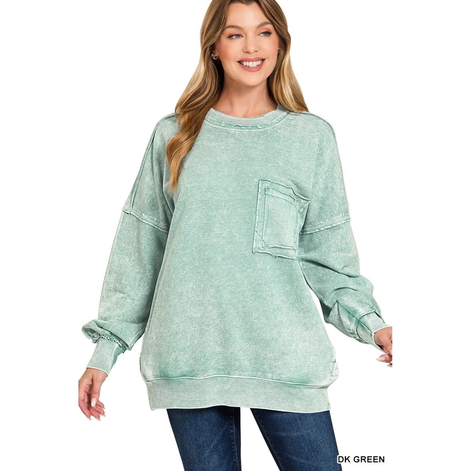 Zenana Zenana Halo Washed French Terry Exposed Seam Sweatshirt  Dk Green