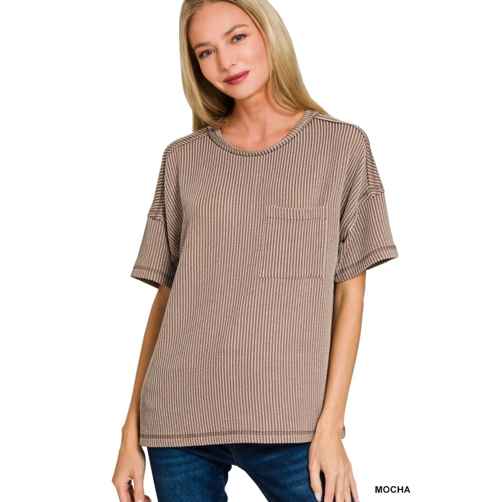 Zenana Zenana Raised Rib Exposed Seam Short Sleeve Top Mocha