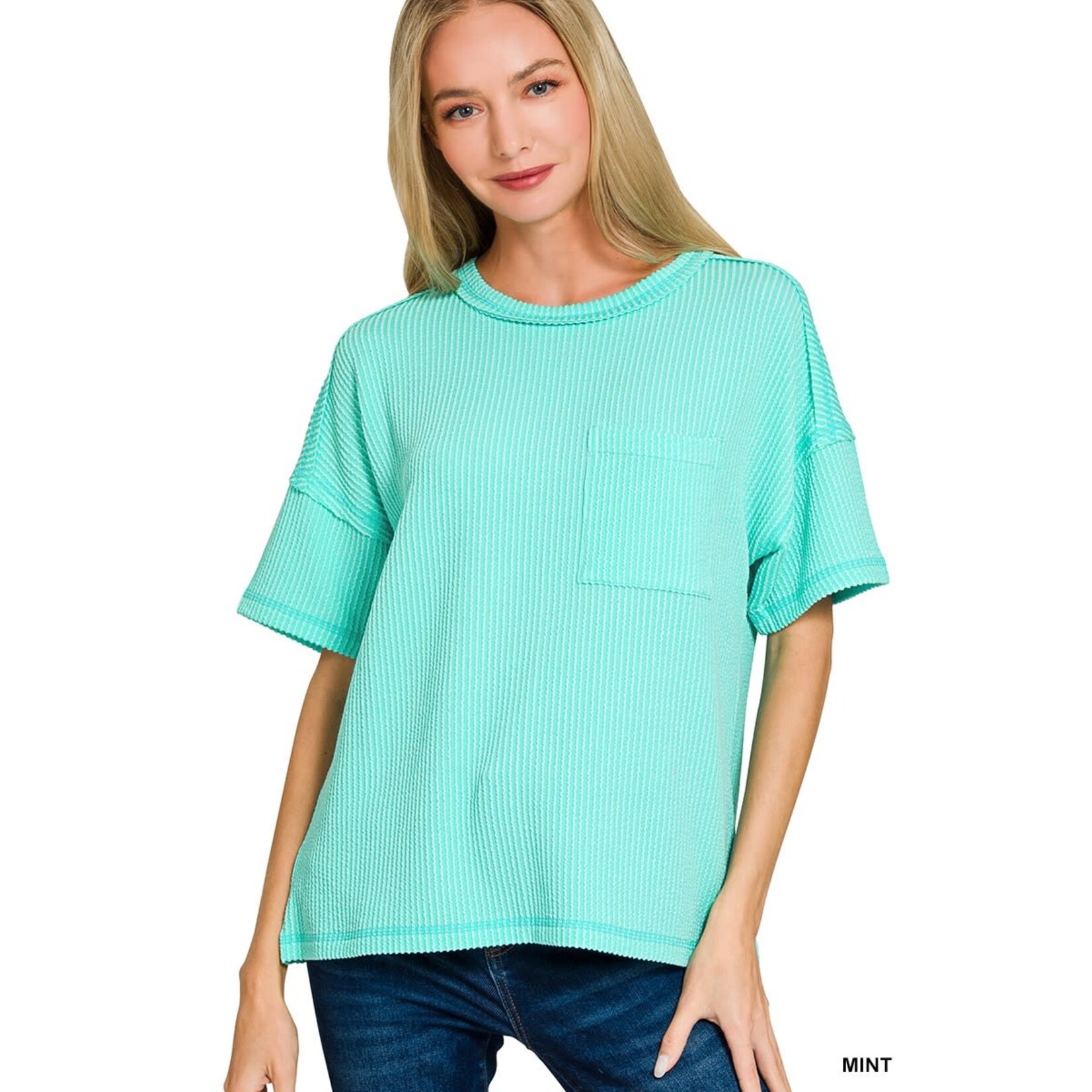 Zenana Zenana Raised Rib Exposed Seam Short Sleeve Top Mint