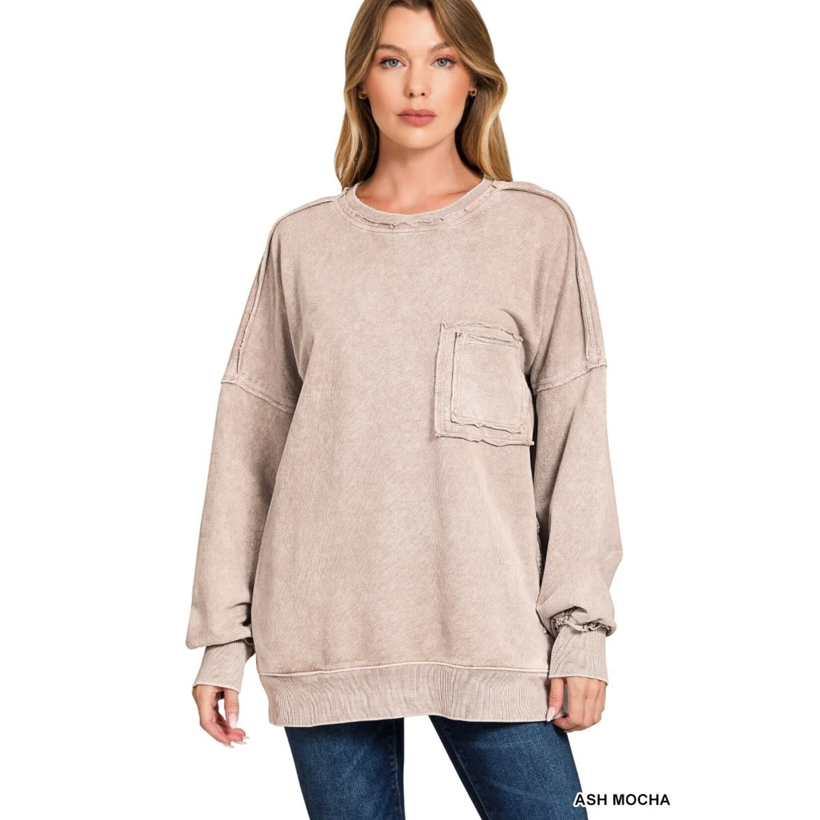 Zenana Zenana Halo Washed French Terry Exposed Seam Sweatshirt Ash Mocha