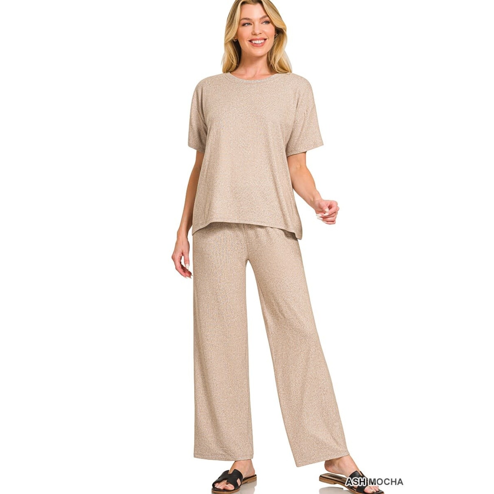 Zenana Zenana Soft Melange Short Sleeve/Pant Set Ash Mocha