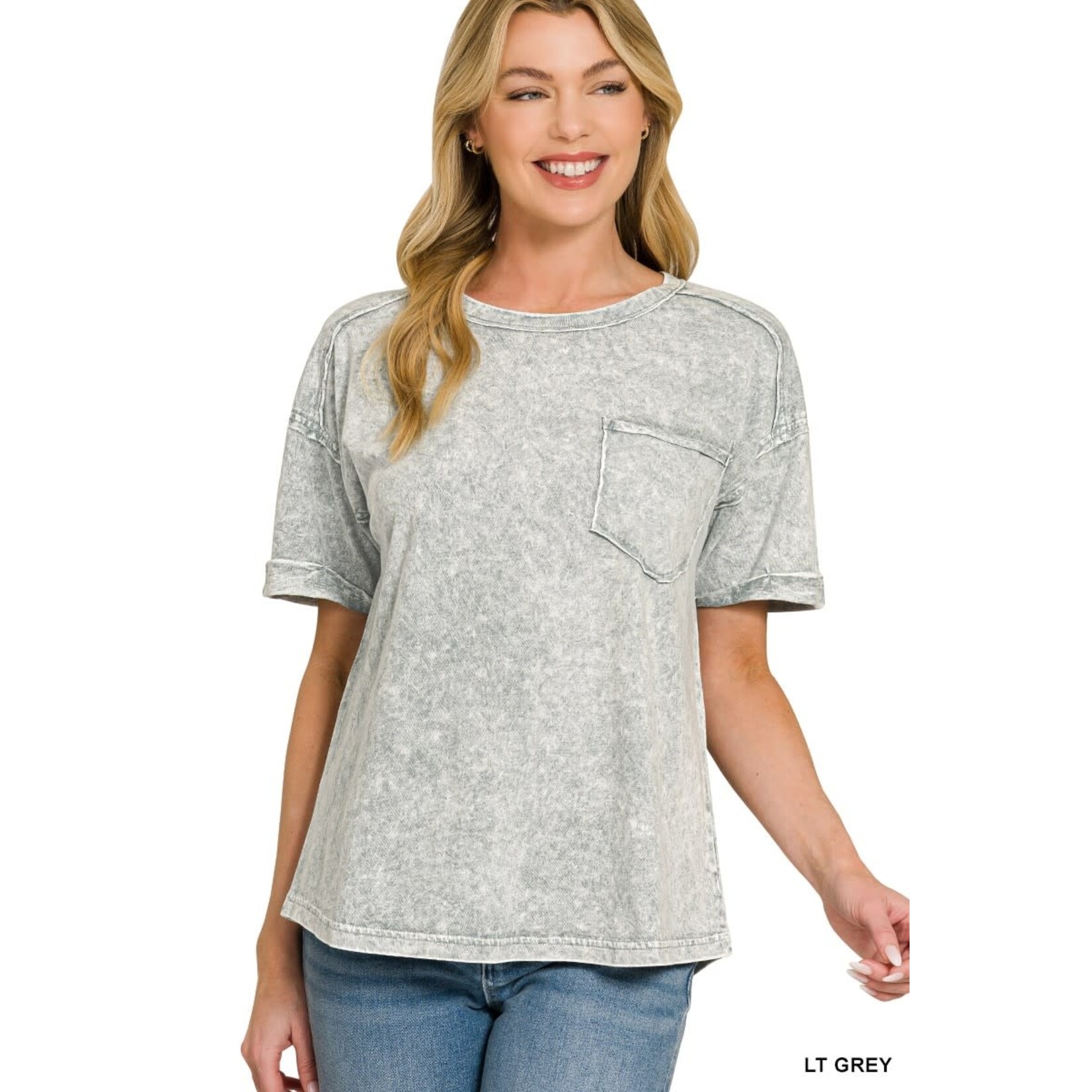 Zenana Zenana Halo Snow Washed Relaxed Fit Tee Lt Grey