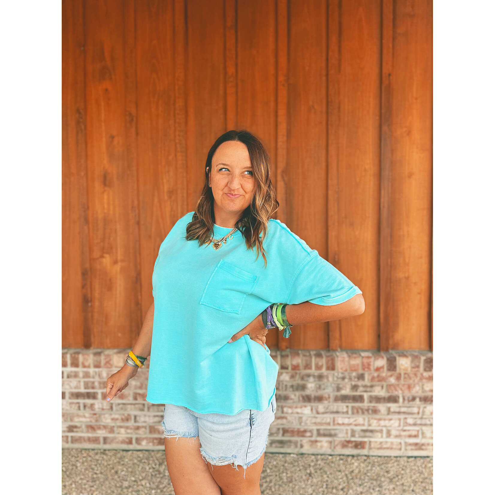Zenana Zenana French Terry Acid Washed Exposed Seam Tee Mint Sky