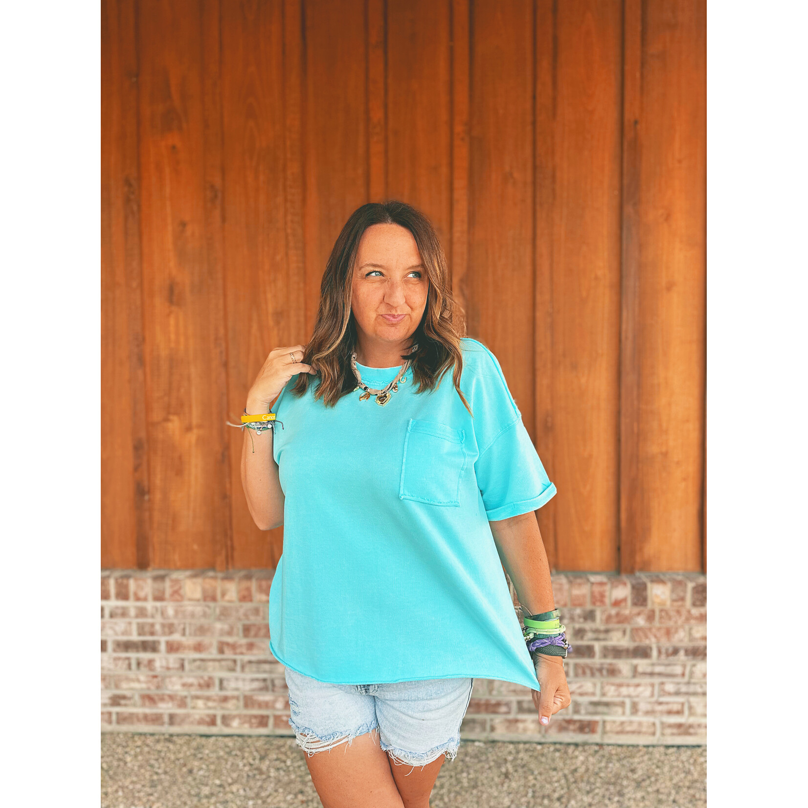 Zenana Zenana French Terry Acid Washed Exposed Seam Tee Mint Sky