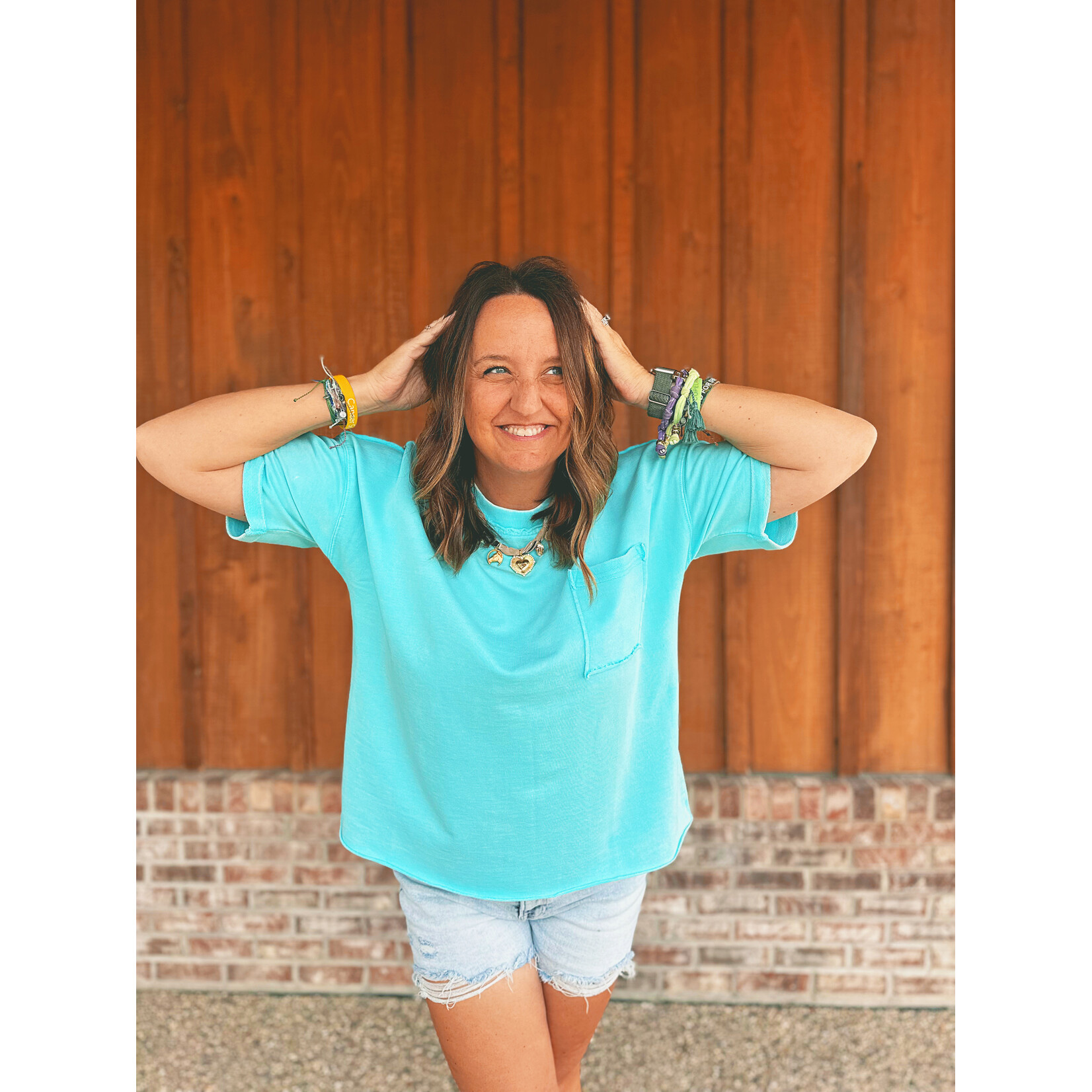 Zenana Zenana French Terry Acid Washed Exposed Seam Tee Mint Sky