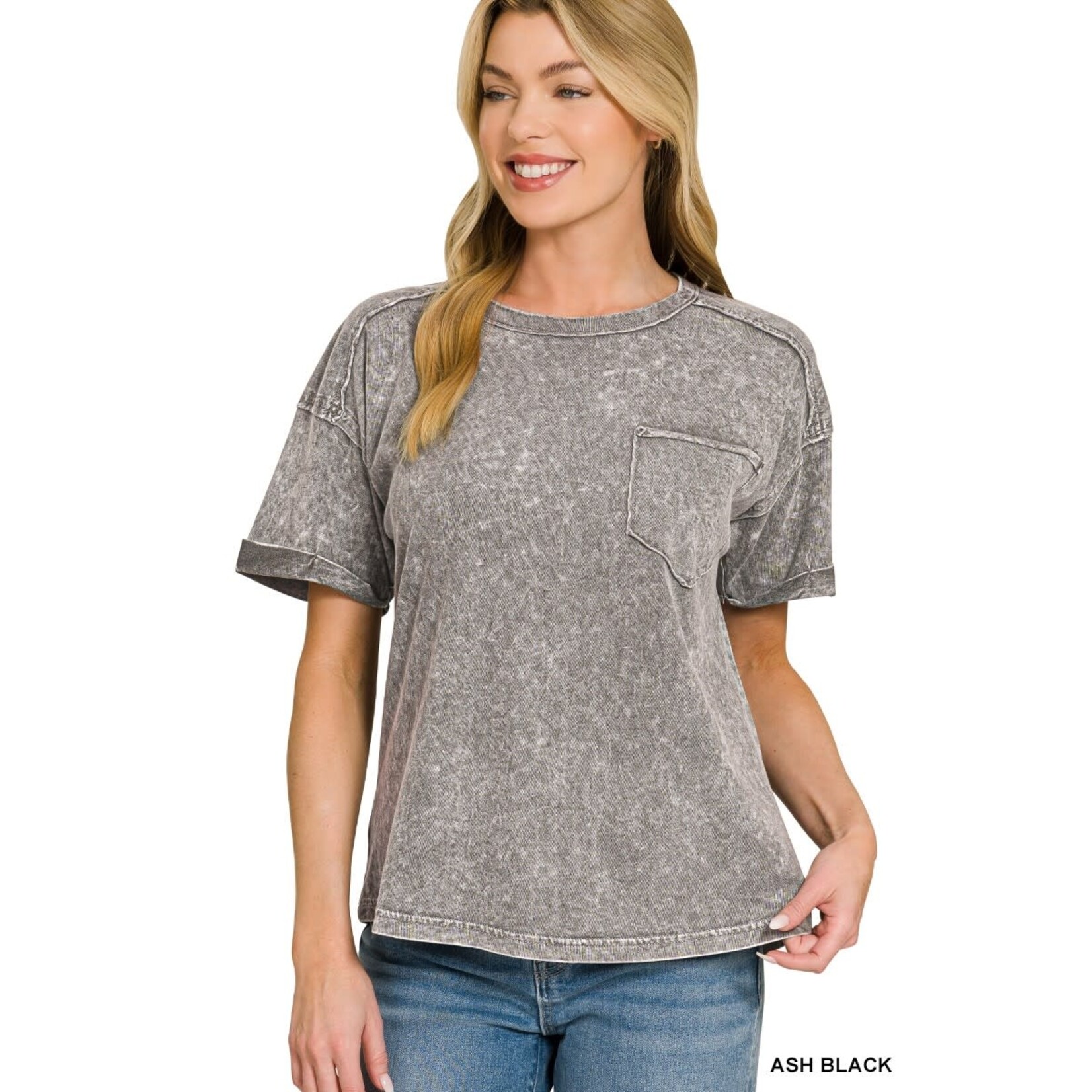 Zenana Zenana Halo Snow Washed Relaxed Fit Tee Ash Black