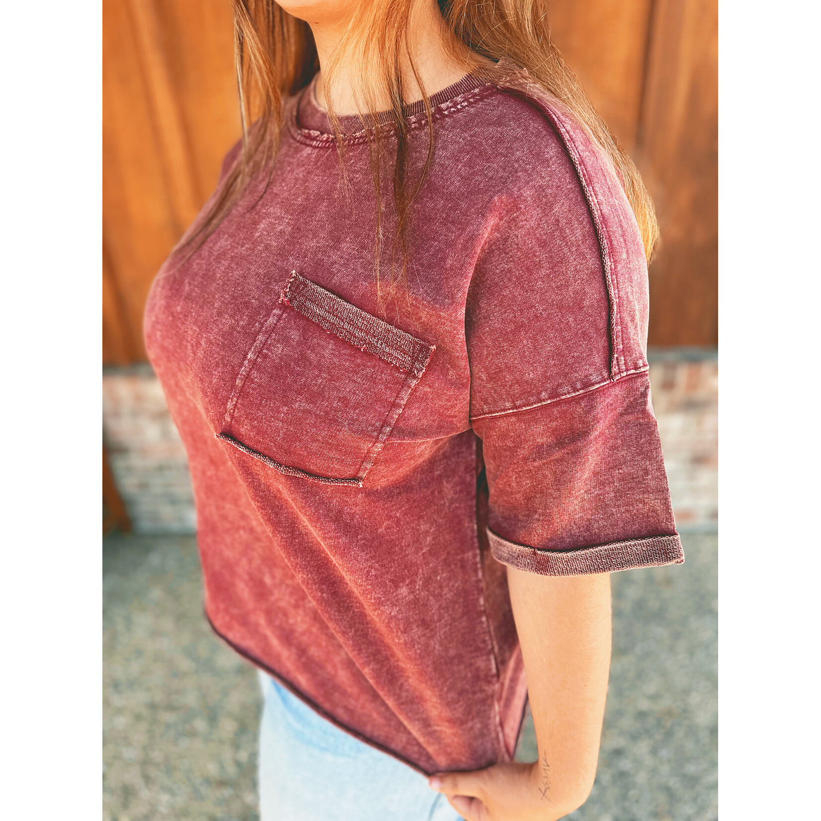 Zenana Zenana French Terry Acid Washed Exposed Seam T-Shirt Cabernet
