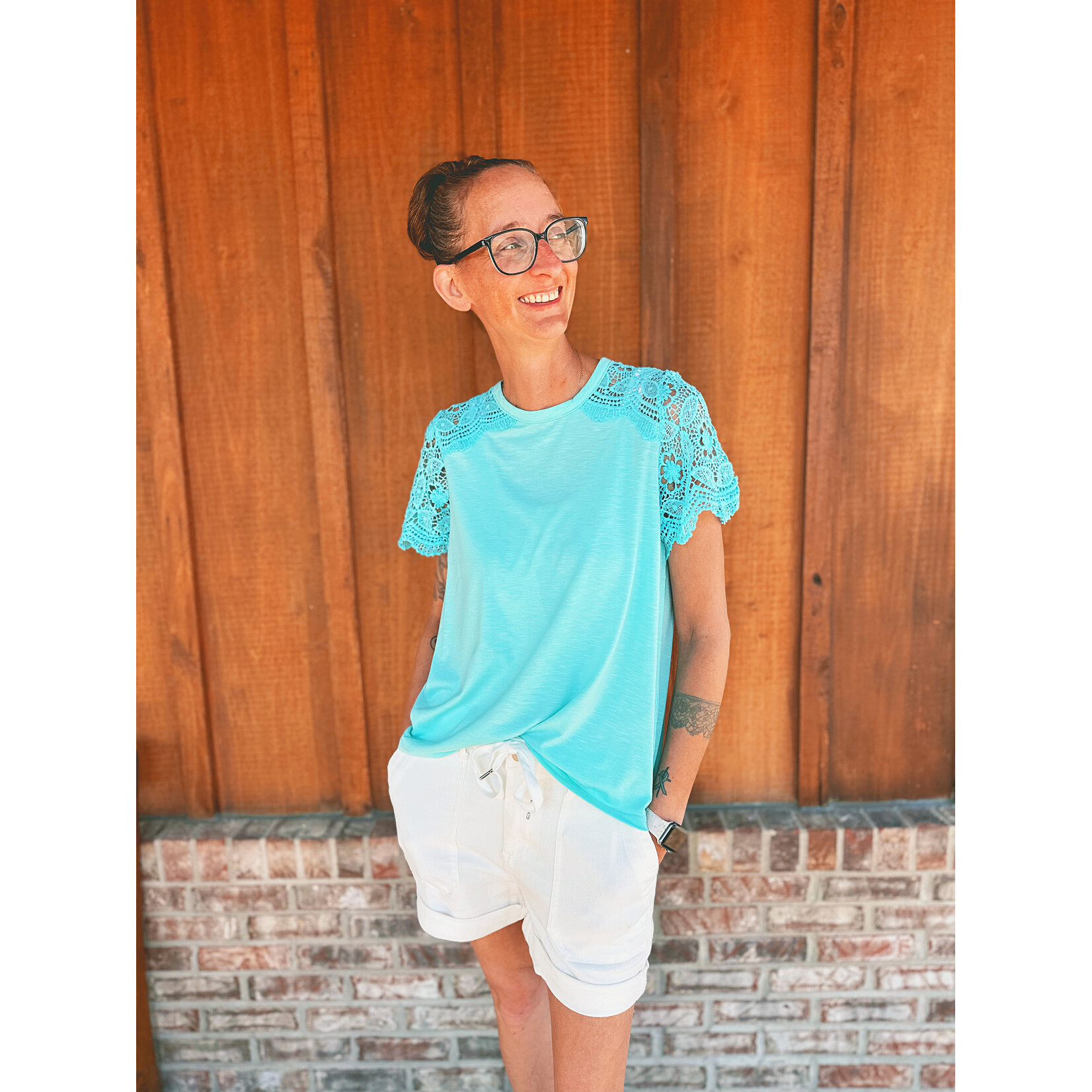 Youngs Young's Short Sleeve Lace Sleeve Top Teal