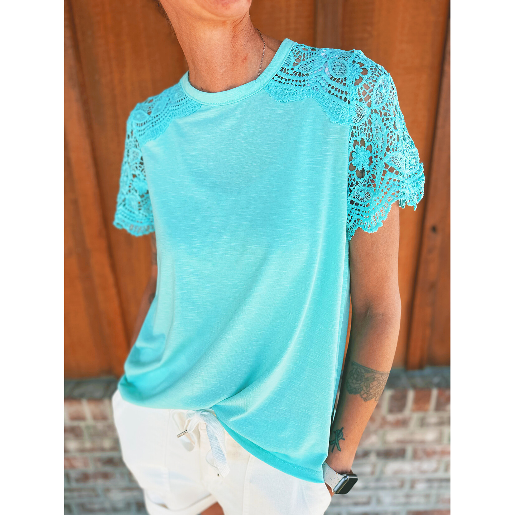 Youngs Young's Short Sleeve Lace Sleeve Top Teal