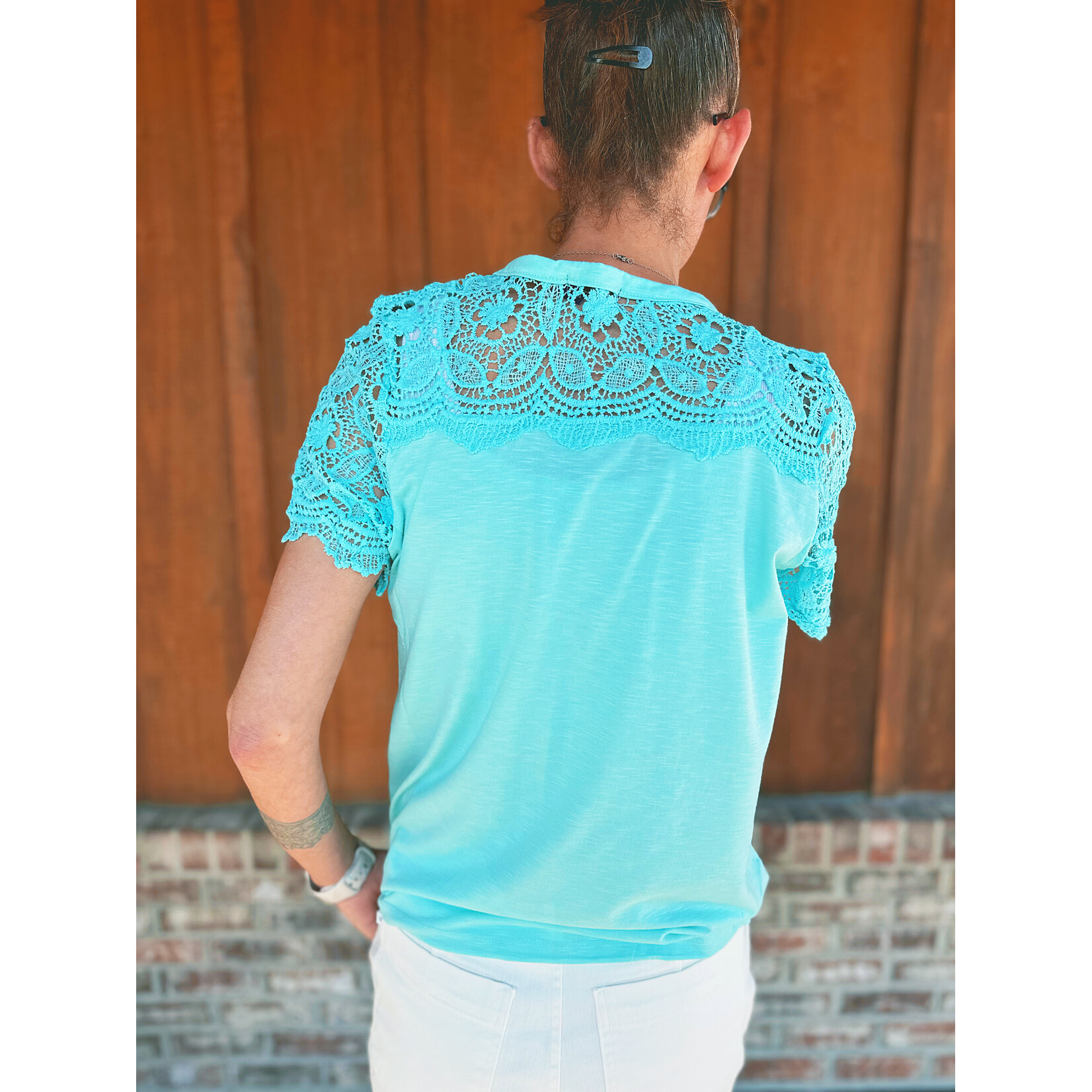 Youngs Young's Short Sleeve Lace Sleeve Top Teal