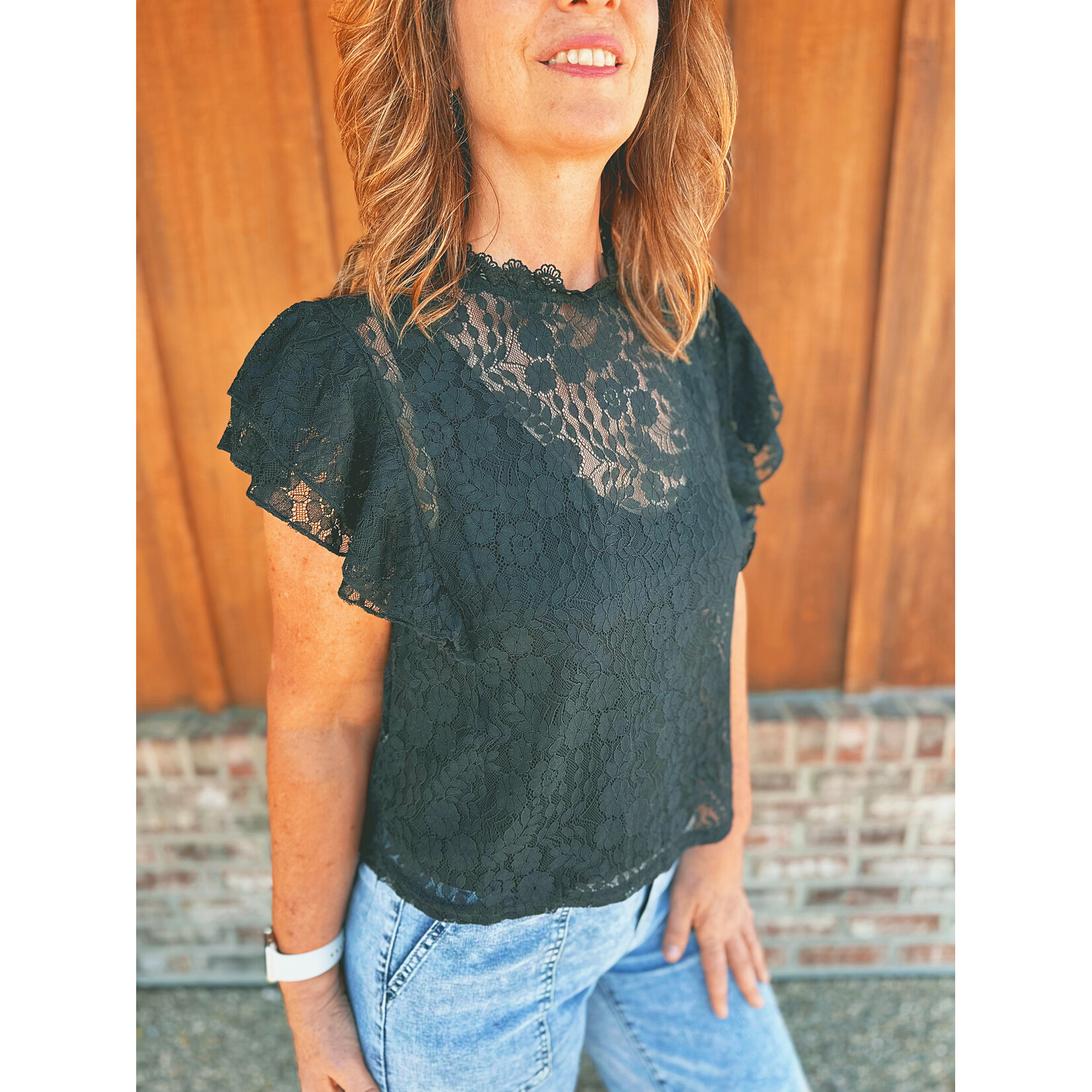 Youngs Young's Ruffle Sleeve Lace Top Black