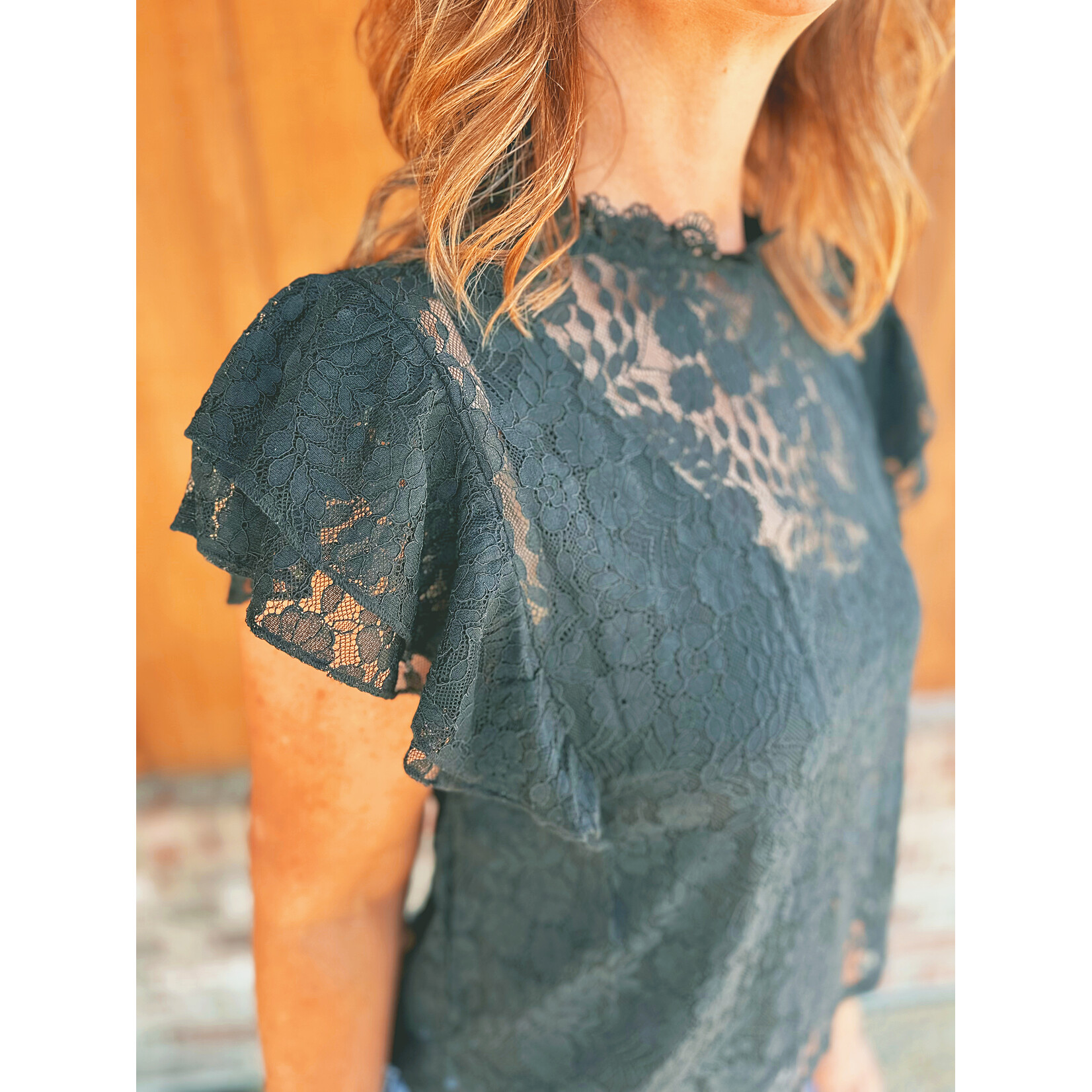 Youngs Young's Ruffle Sleeve Lace Top Black