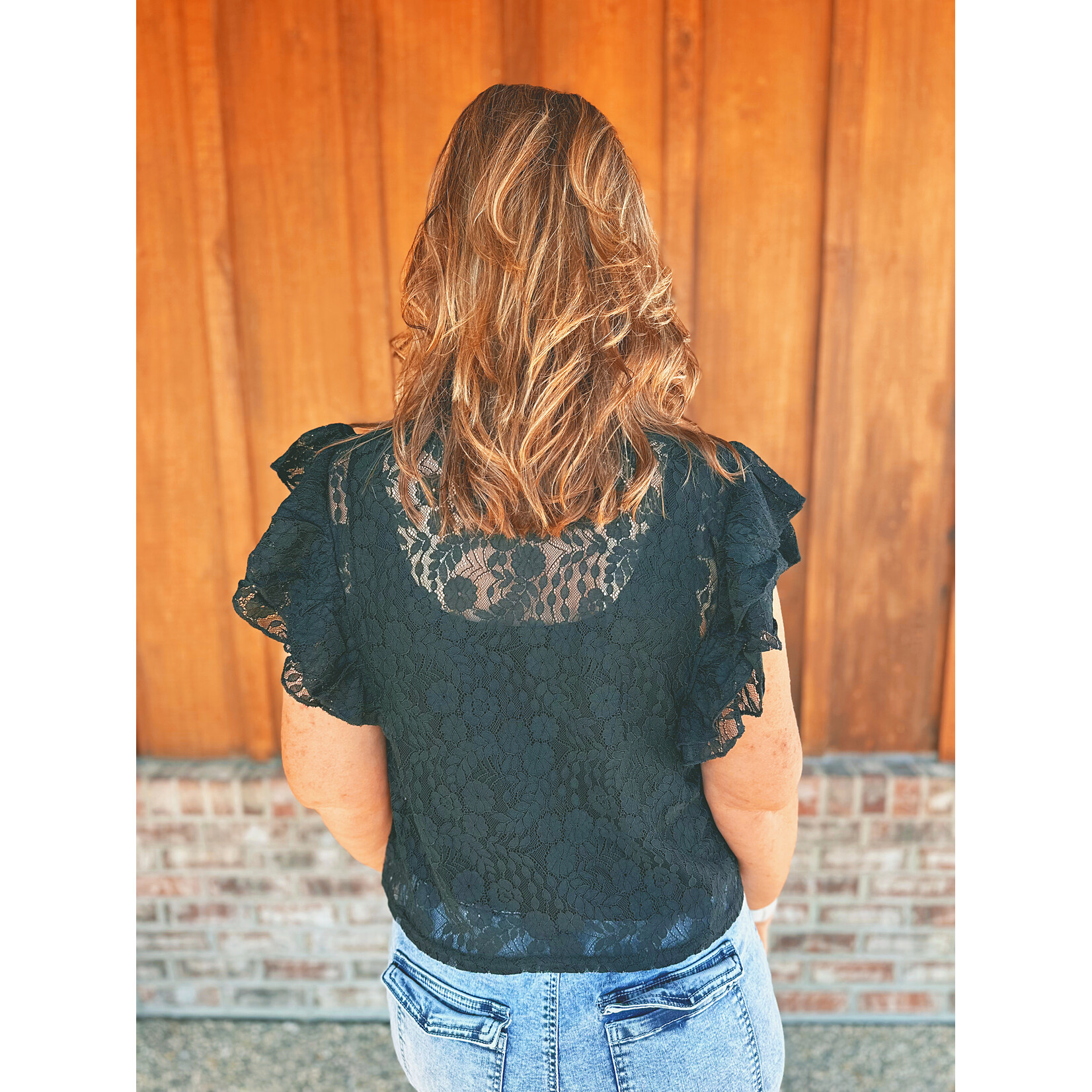 Youngs Young's Ruffle Sleeve Lace Top Black