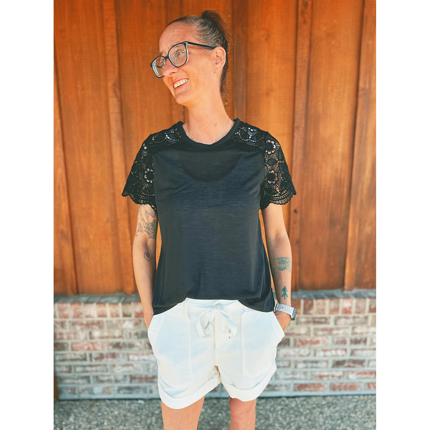 Youngs Young's Short Sleeve Lace Sleeve Top Black