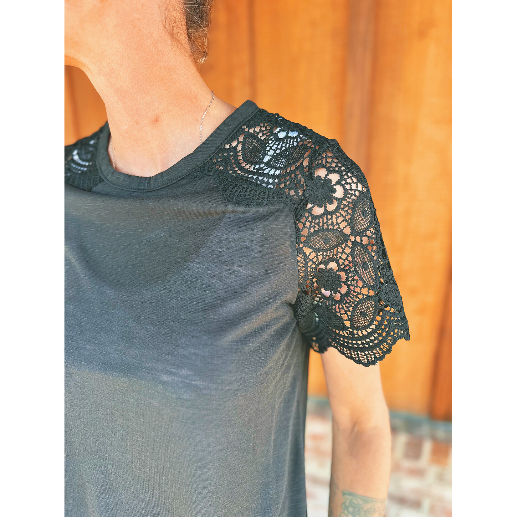 Youngs Young's Short Sleeve Lace Sleeve Top Black