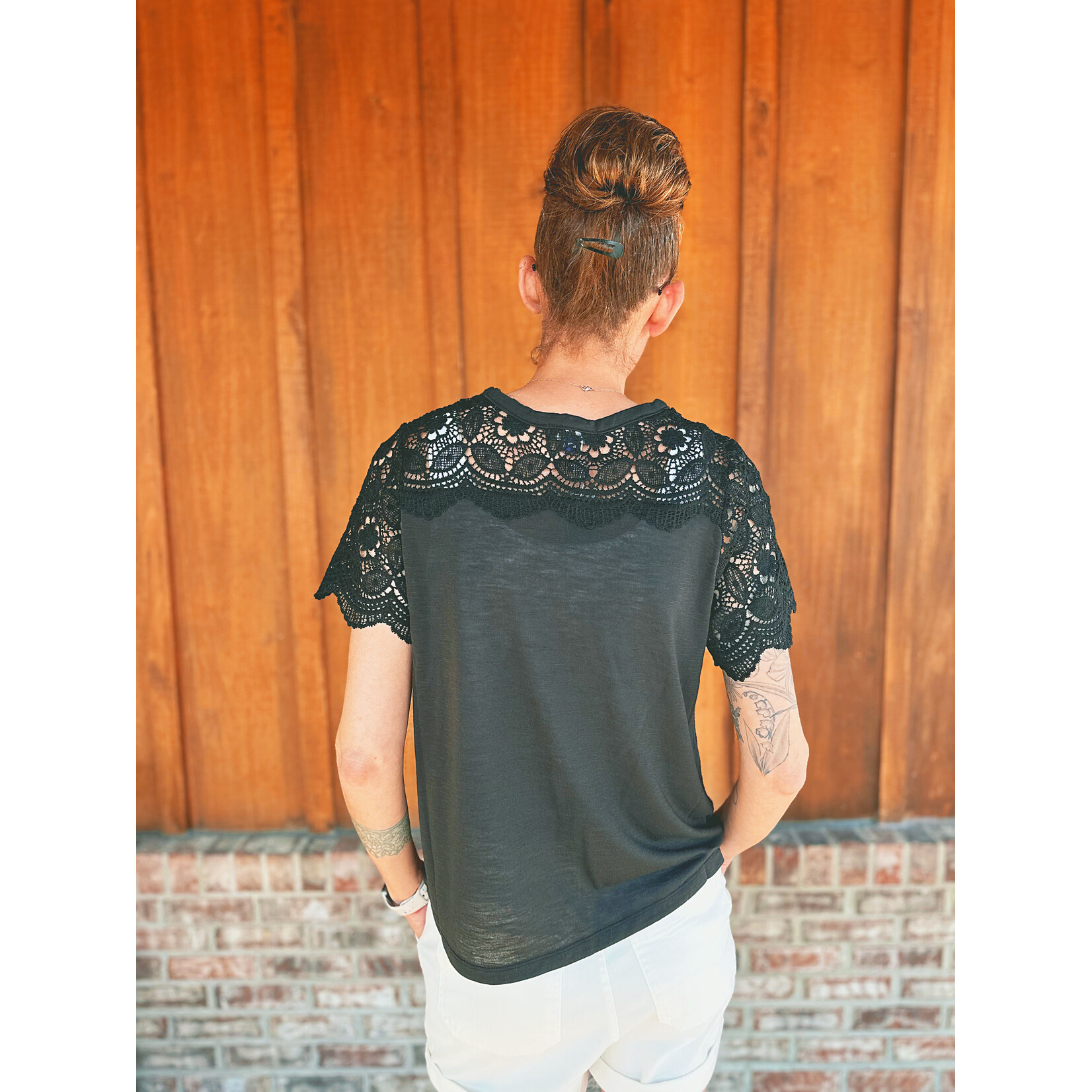 Youngs Young's Short Sleeve Lace Sleeve Top Black