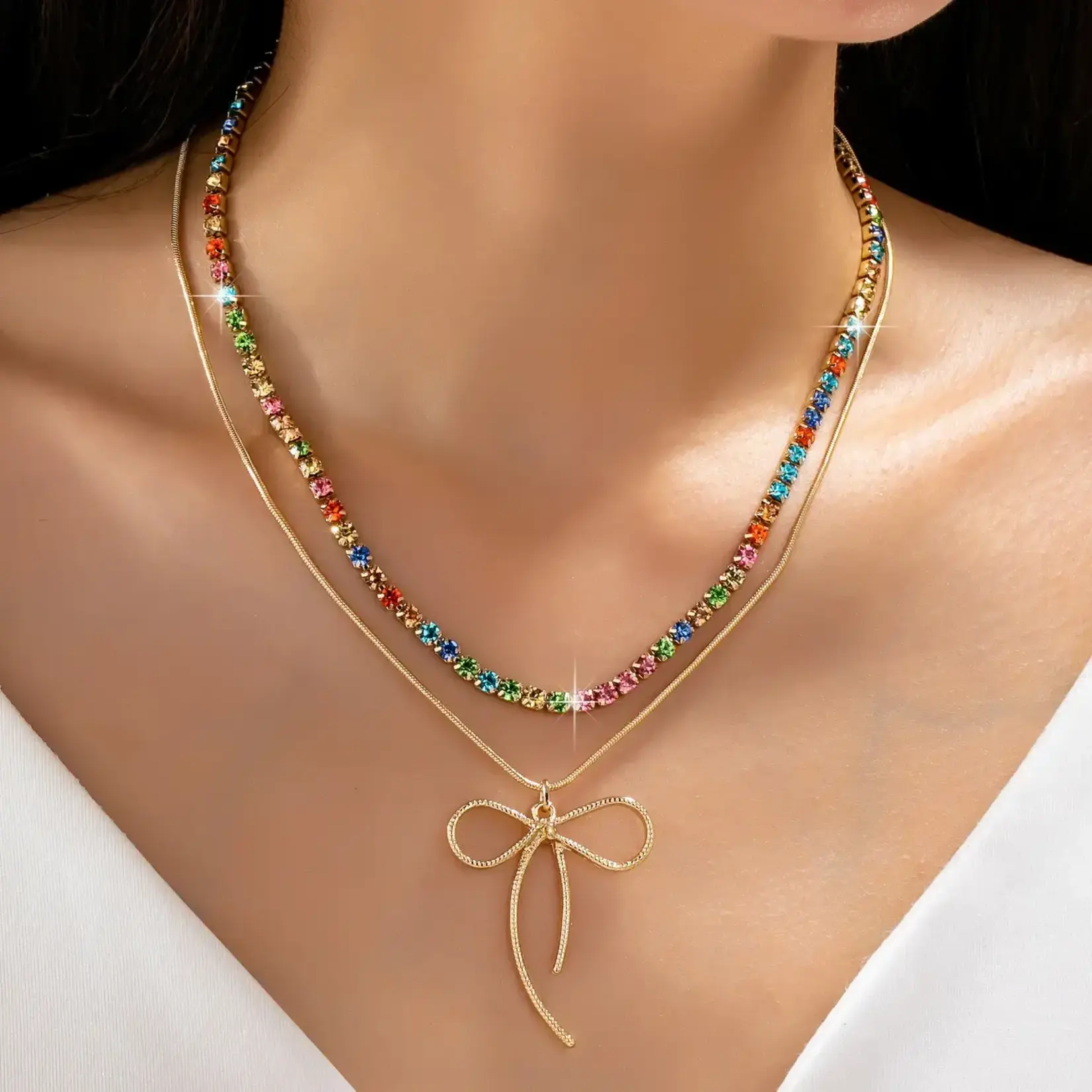 Josslyn Josslyn Gold Rainbow Gemstone Bow Layered Necklace