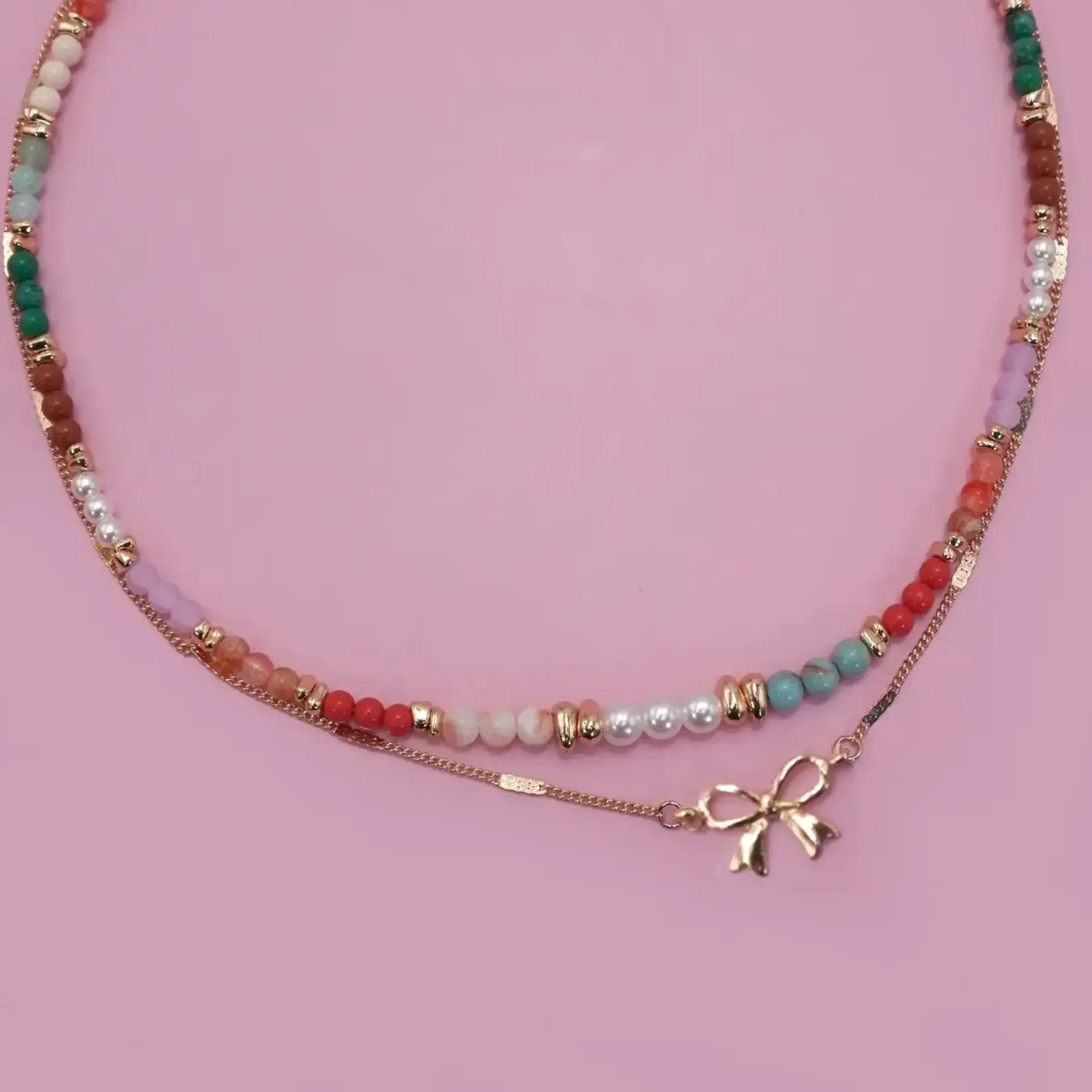 Josslyn Josslyn Gold Multi Beaded Bow Charm Double Layer Necklace