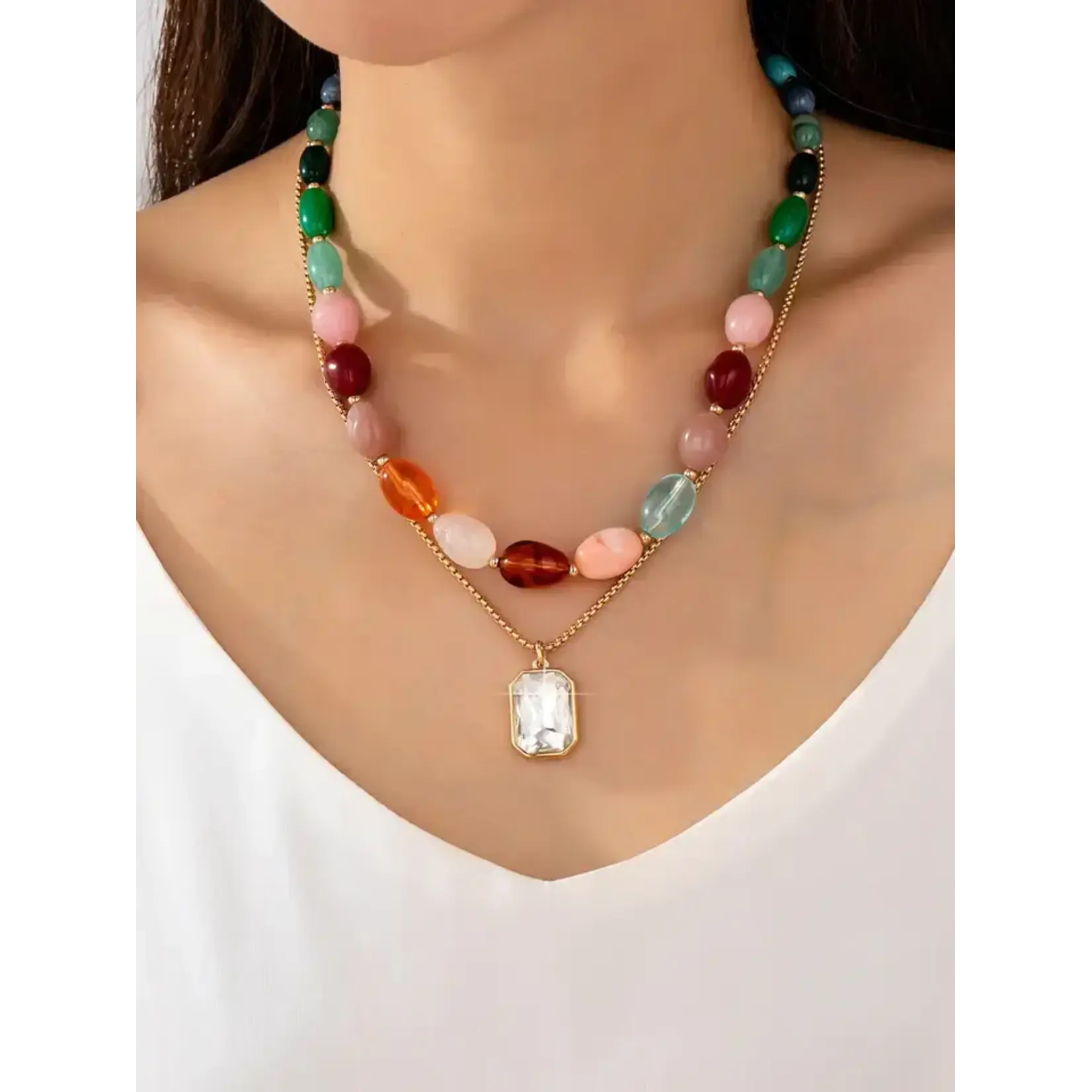 Josslyn Josslyn Gold Multi-Color Stone and Crystal Pendant Necklace