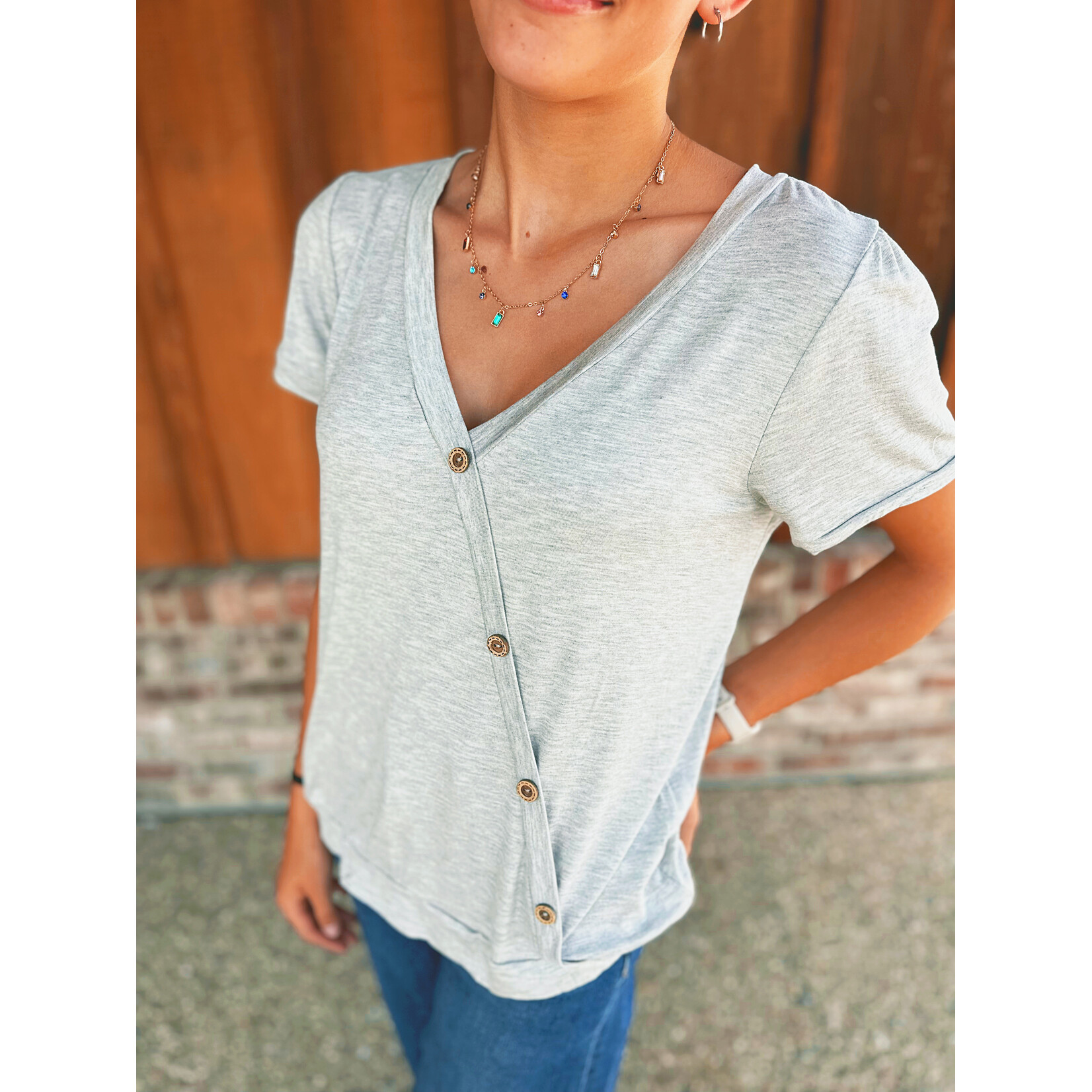 Sew in Love Sew in Love Short Sleeve Top with Buttons Heather Gray