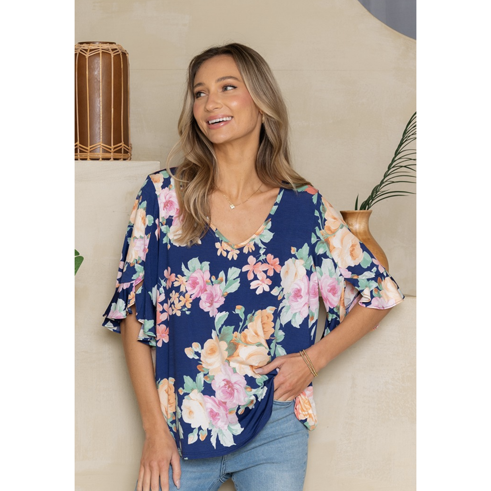 Sew in Love Sew In Love V-Neck Floral Ruffle Top Navy Marsala large