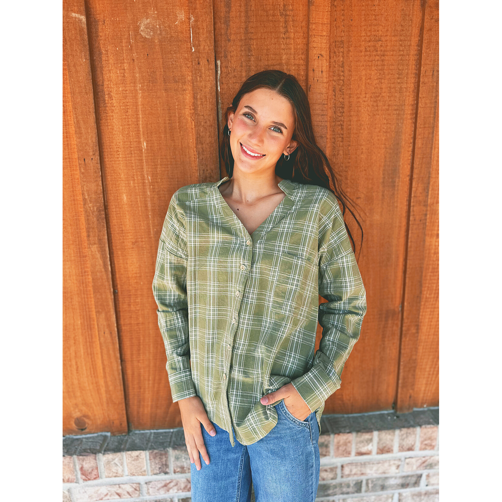 Sew in Love Sew In Love V-Neck Plaid Long Sleeve Top Olive
