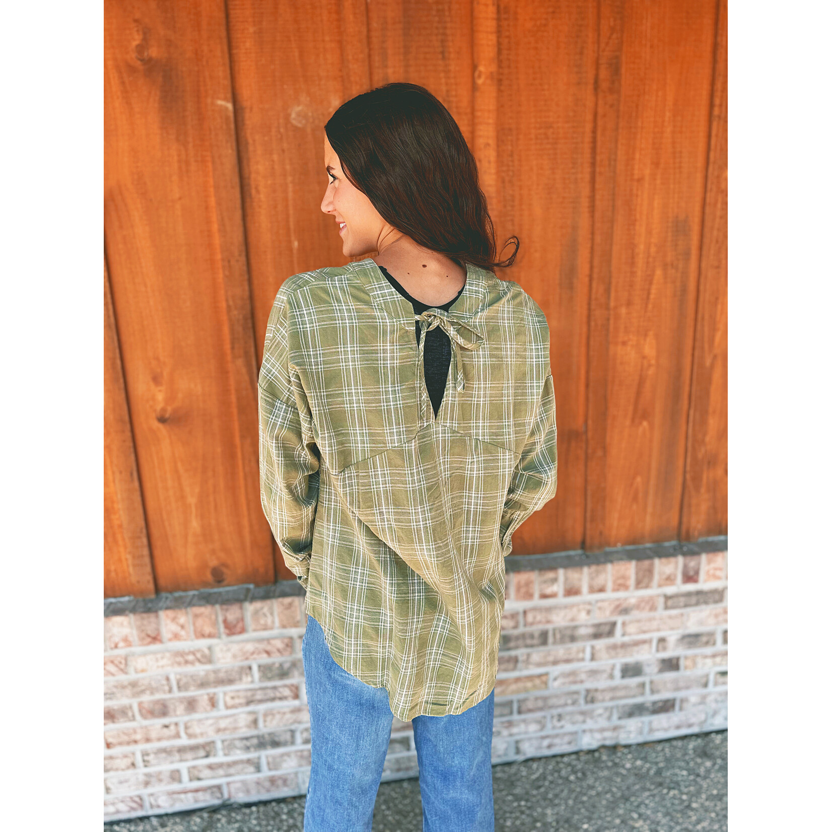 Sew in Love Sew In Love V-Neck Plaid Long Sleeve Top Olive