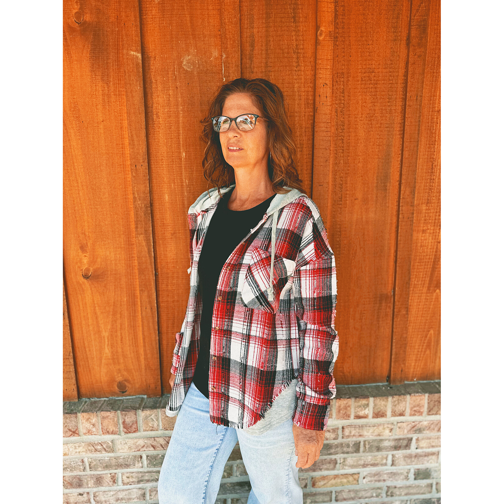 New In Very J Oversized Flannel Hooded Button Down Jacket Red