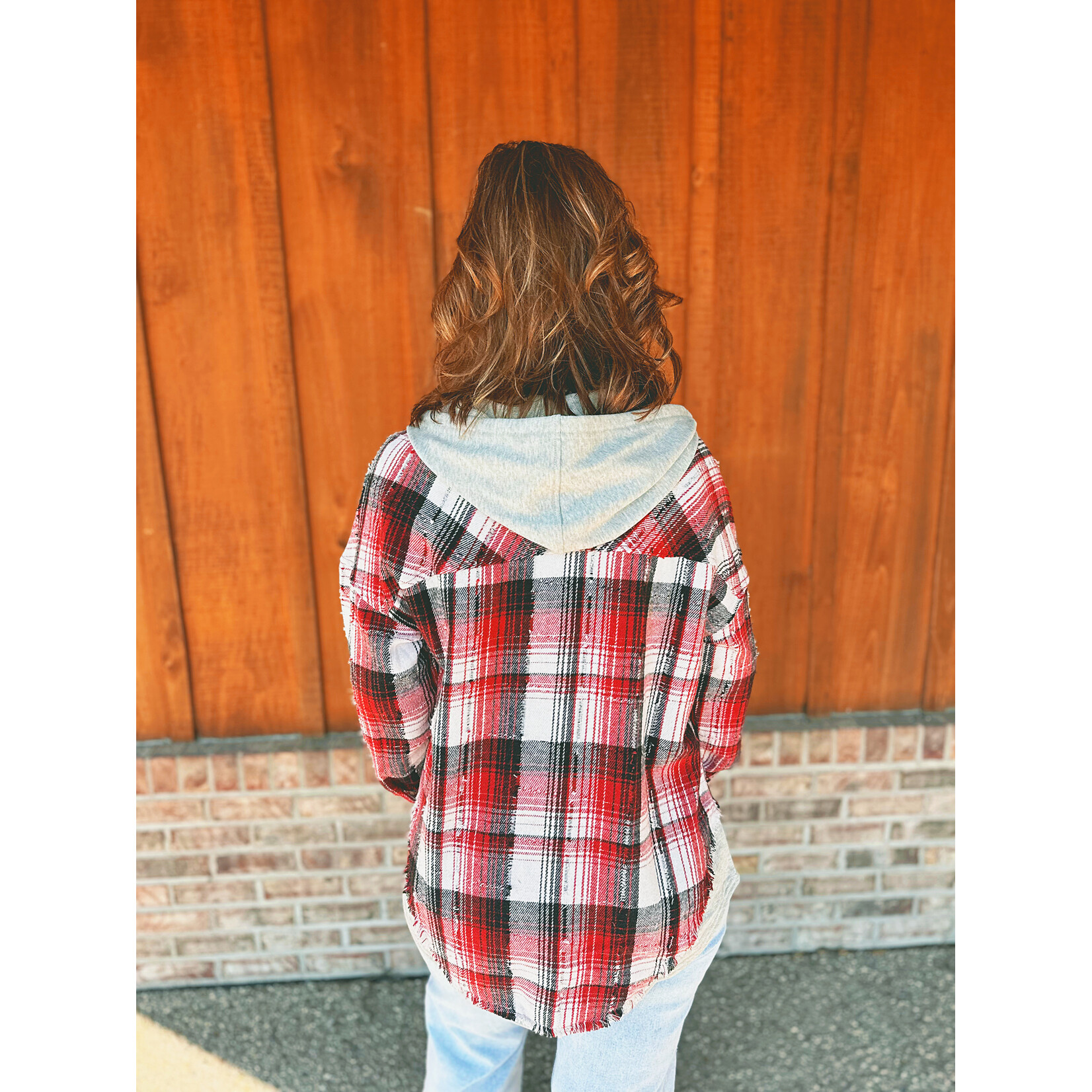 New In Very J Oversized Flannel Hooded Button Down Jacket Red