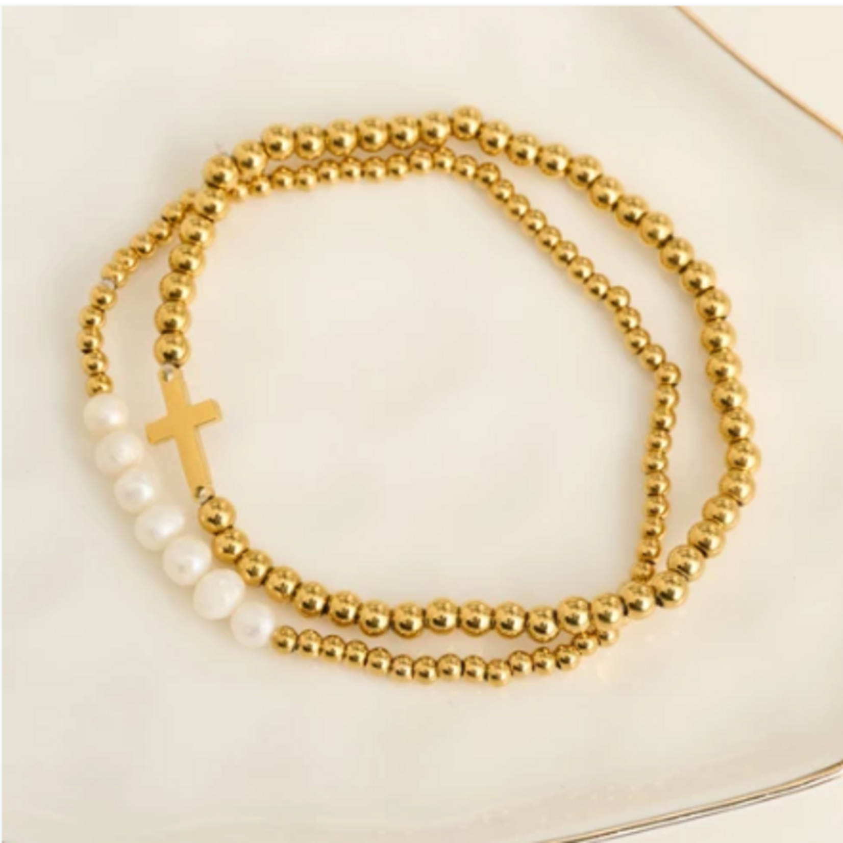 Howards Howard's Narelle Waterproof Pearl and Cross Stretch Bracelet Set Gold