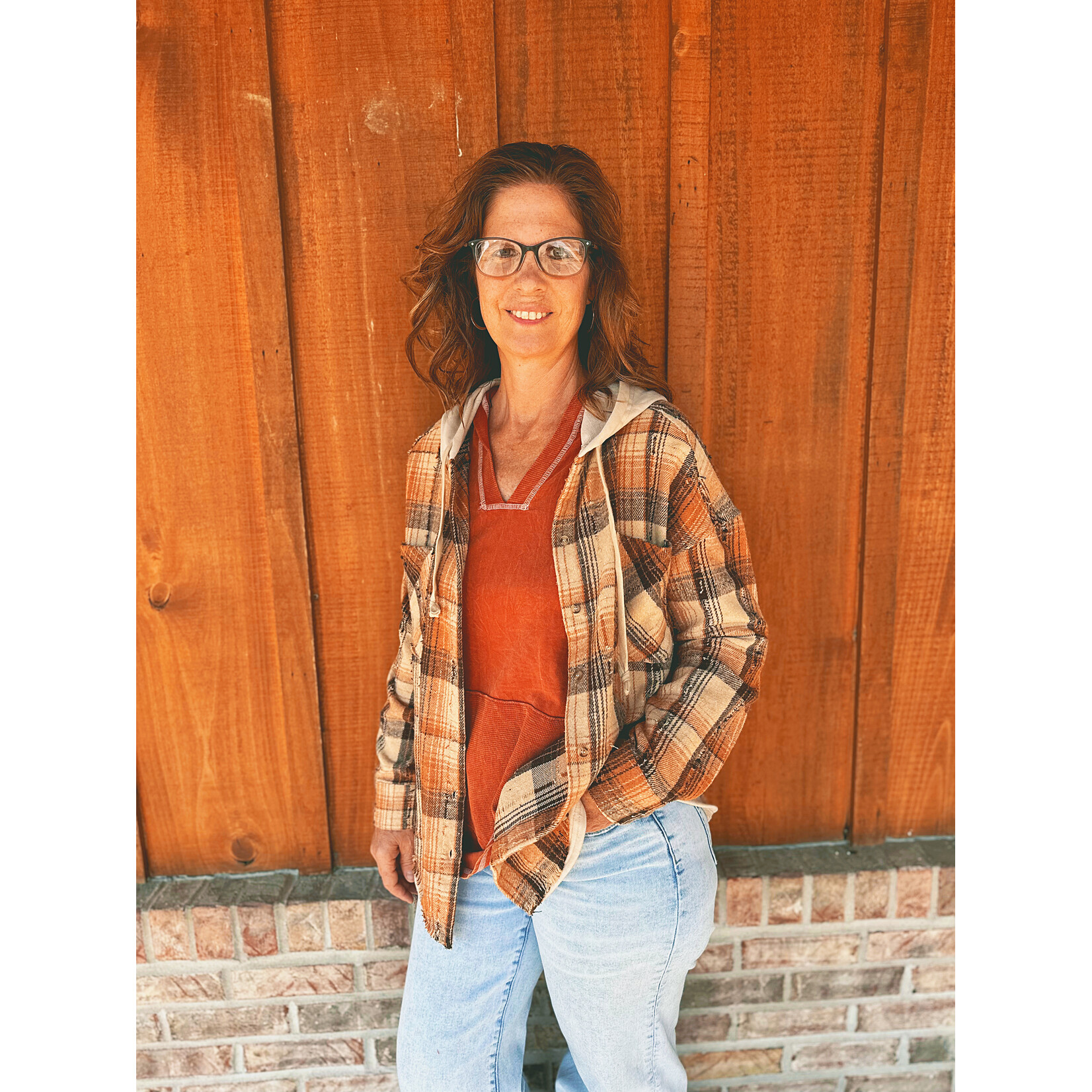 New In Very J Oversized Flannel Hooded Button Down Jacket Caramel