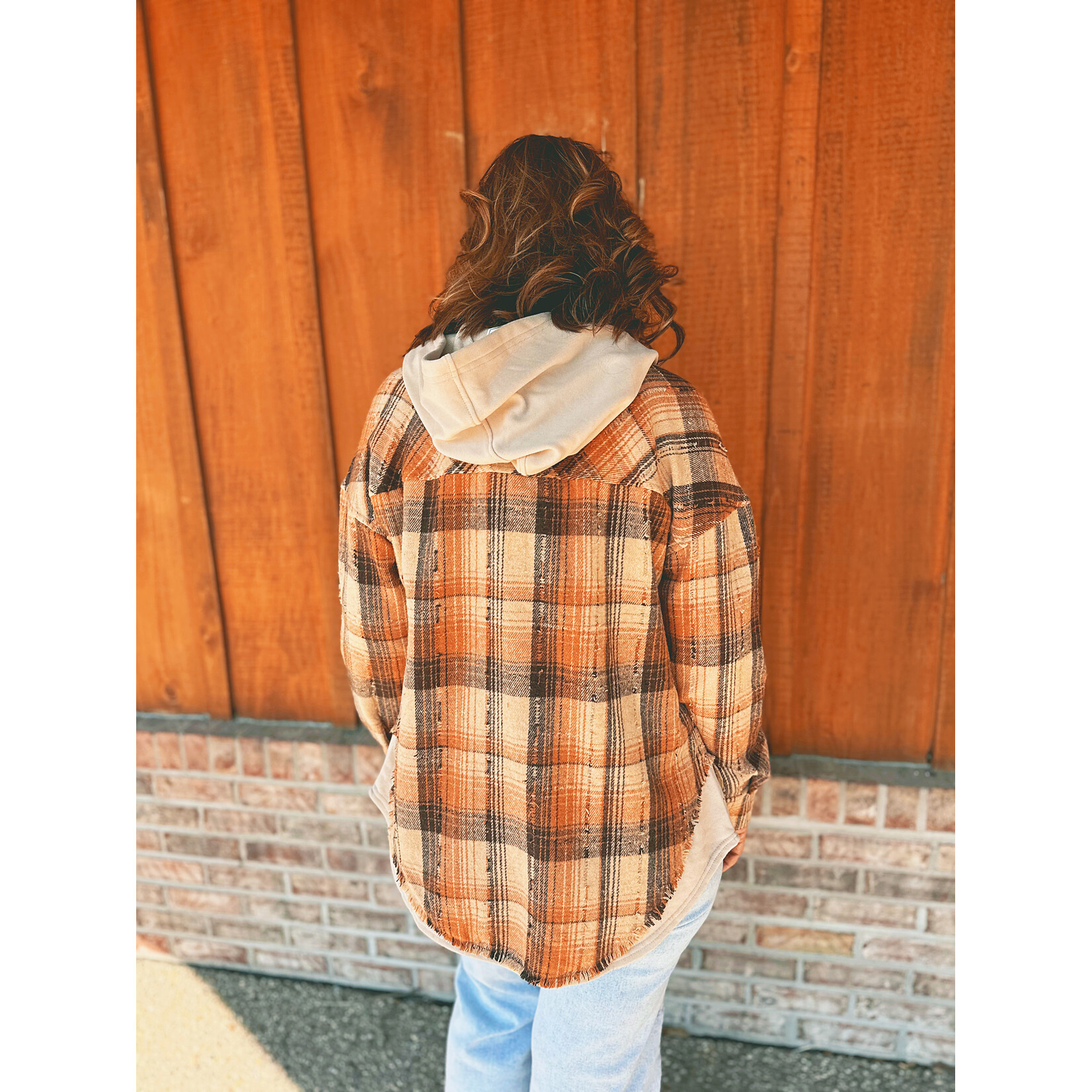 New In Very J Oversized Flannel Hooded Button Down Jacket Caramel