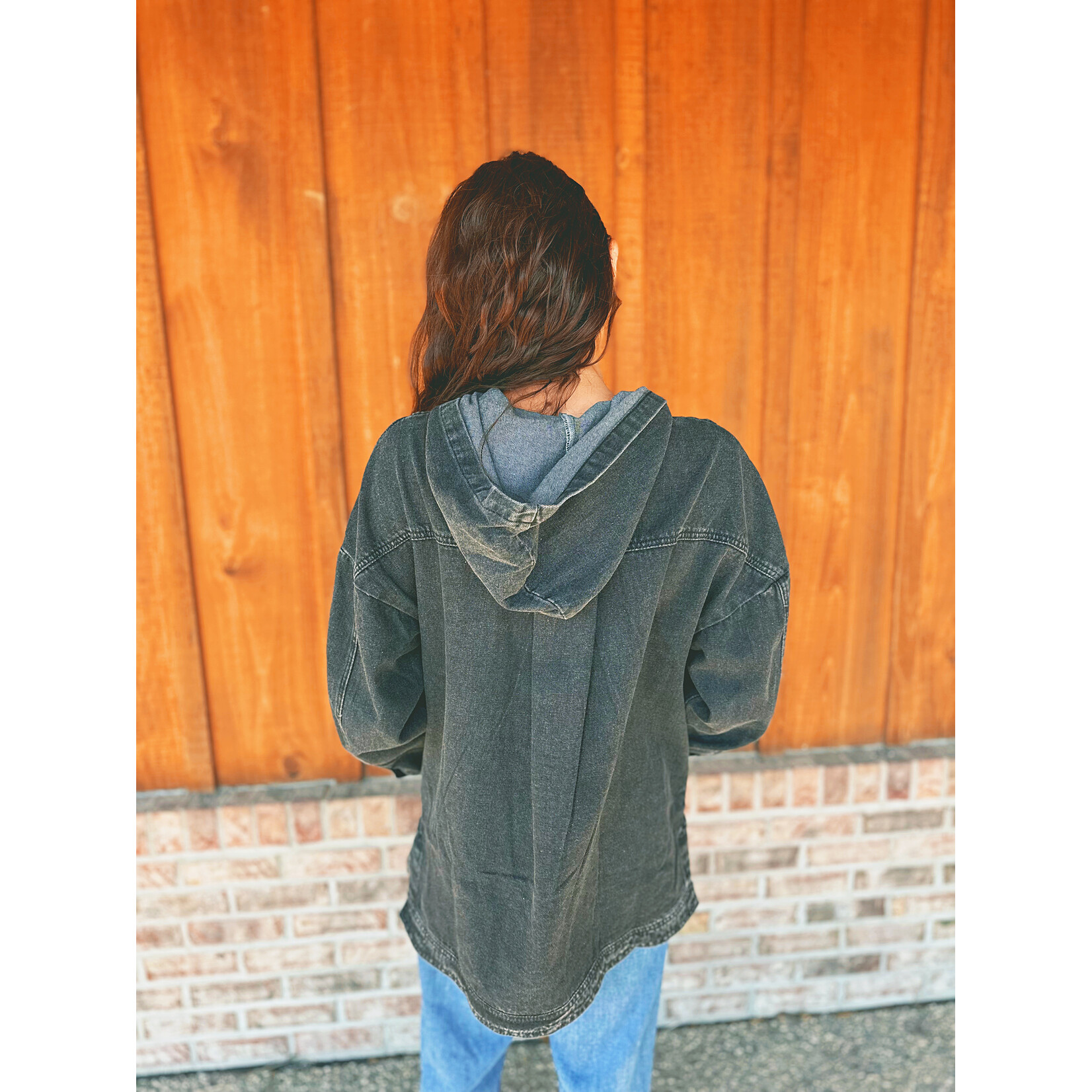 New In Very J Washed Demin Casual Hooded Pullover Top Black