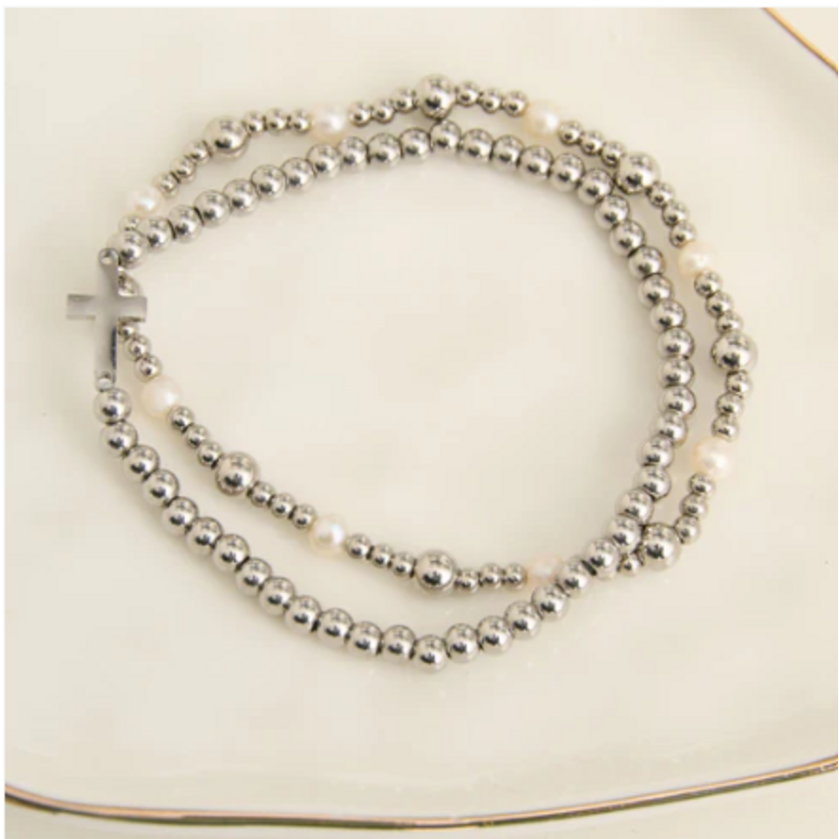 Howards Howard's Narelle Waterproof Pearl Station and Cross Stretch Bracelet Set Silver